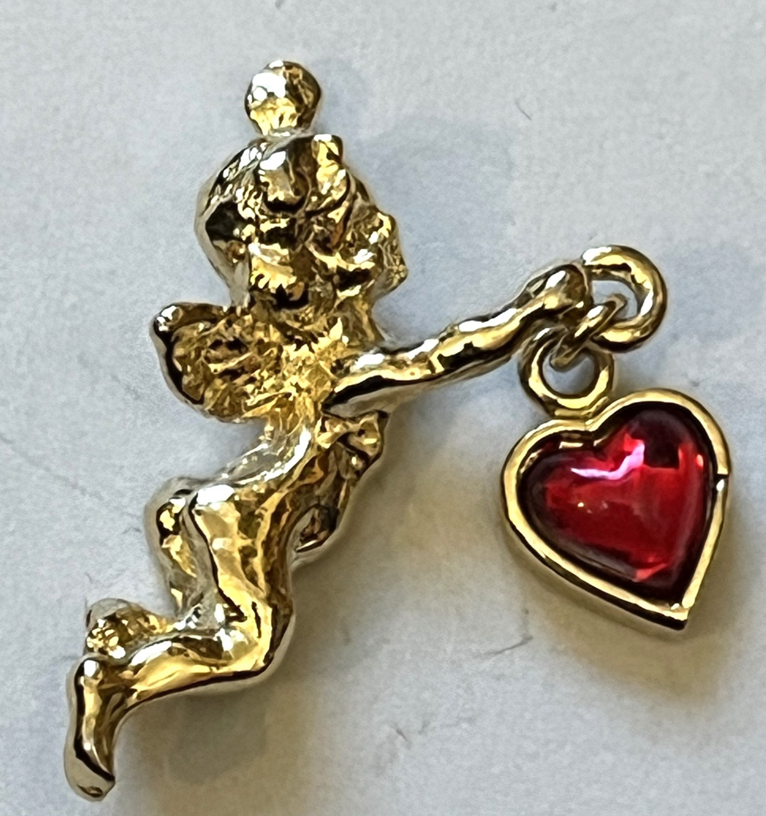 Vintage Shiny Gold-tone Guardian Angel Dangling Red Heart Brooch Pin.