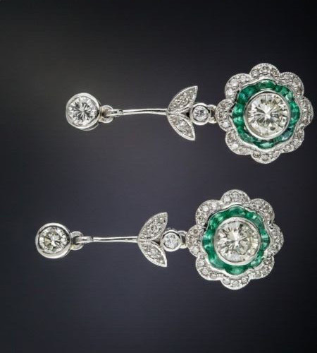 2.85Ct Art Deco Style Diamond & Emerald Drop Dangle 14k White Gold FN Earrings