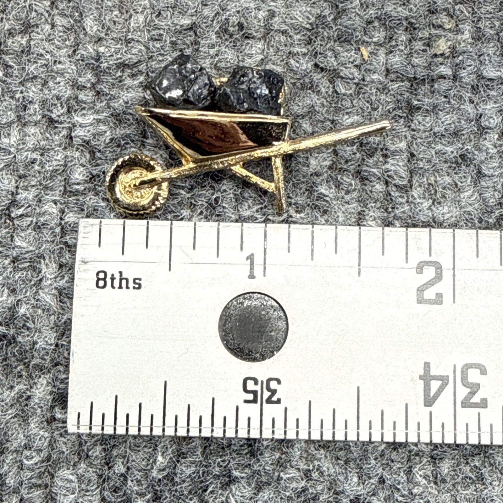 Vintage Tiny Coal in Wheelbarrow Brooch Pin Novelty Jewelry