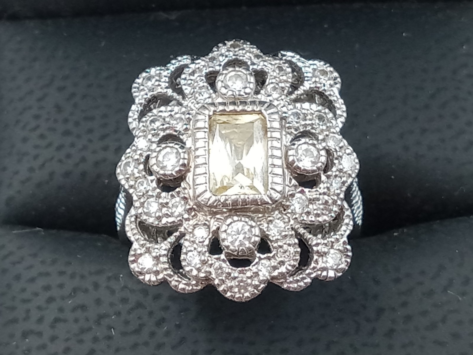Fancy Sterling Silver Ring w. Intricate Setting Citrine & Cubic Zirconia: Size 7