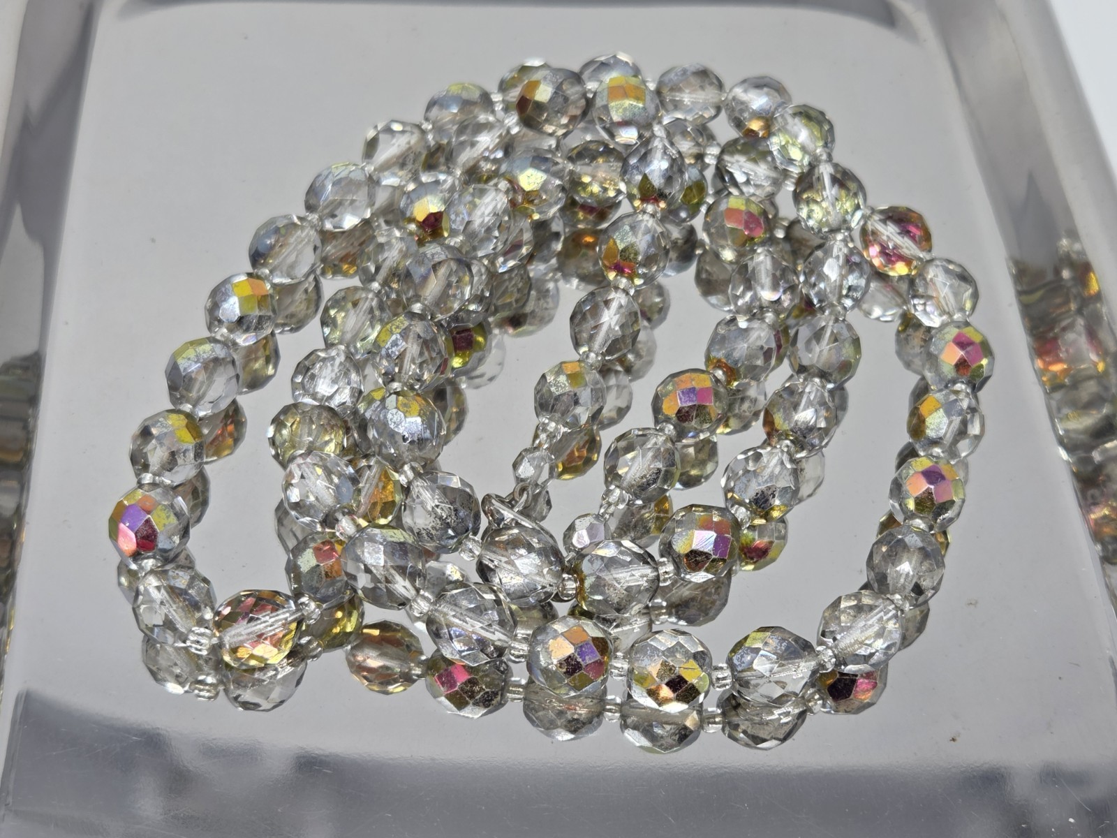 Mirrored AB Aurora Borealis Faceted Glass Necklace Vintage 36 Inches
