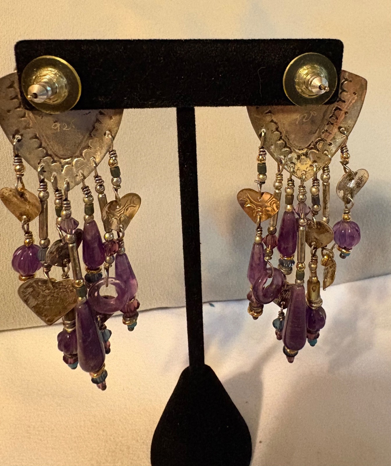 Vintage Tabra Earrings–Amethyst and Abalone–Sterling Silver and Gold