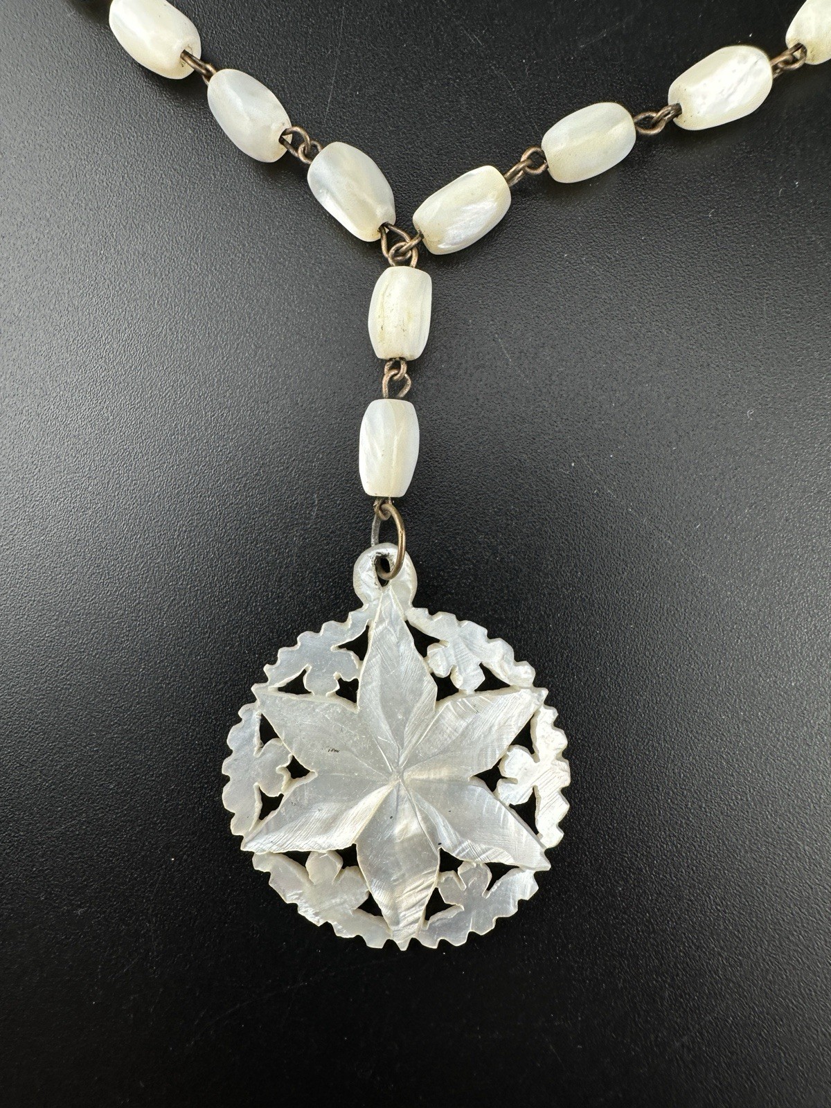 Antique Hand Carved Mother Of Pearl Star Beaded Pendant Necklace – Rosary