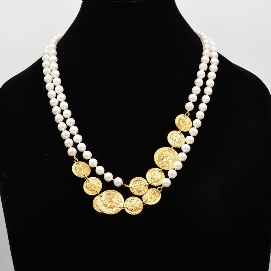 Vintage Pearl Coin Station Necklace Gold Linked White Beaded NOS 1990s BinA12