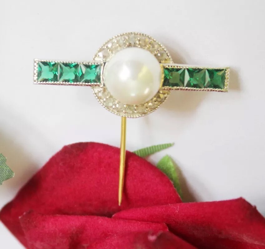 0.85ct Rose Cut Diamond 925 Silver Emerald Pearl Anniversary Wedding Stick Pin