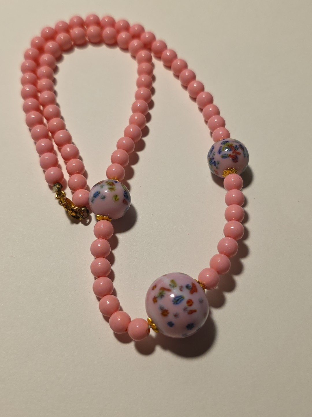 Vintage Pink Glass Millefiori & Pink Painted Glass Beads Necklace 18 3/4″L