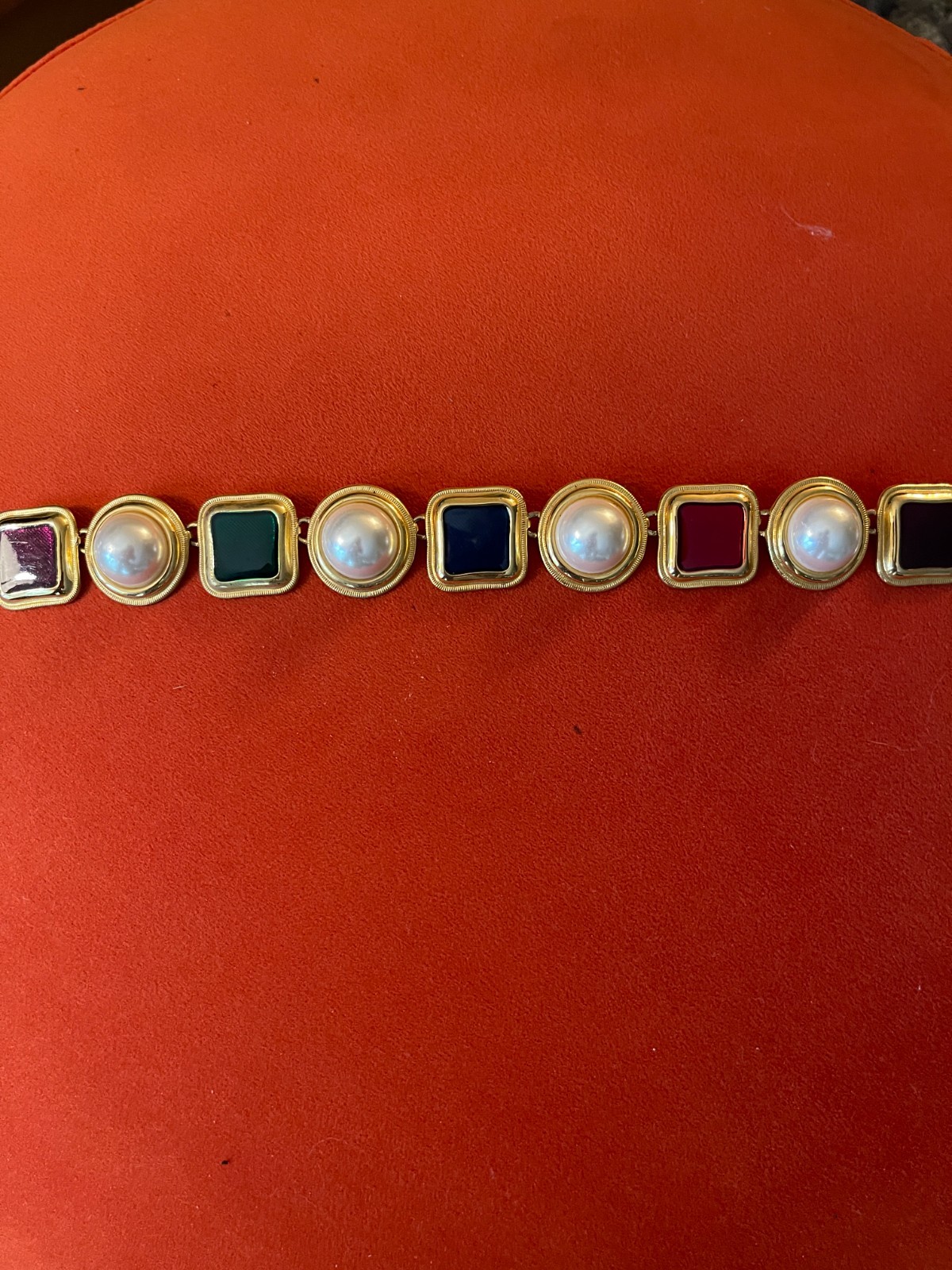 Vintage 1980s Gold Tone Statement Necklace Faux Pearl Jewel Tone Epoxy 18″ Toggl