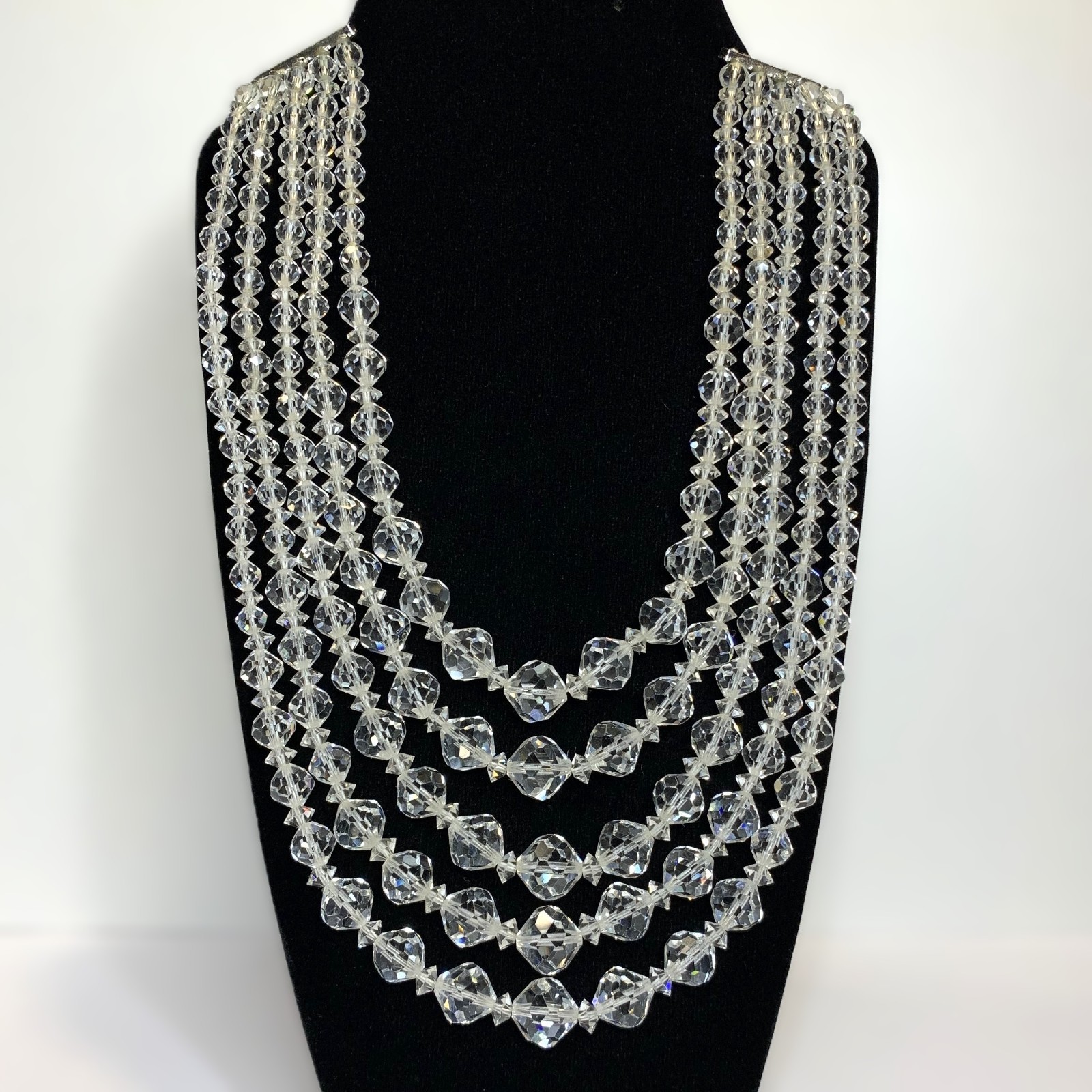 Vintage Laguna 5 Strand Graduated Clear Faceted Crystal Necklace 14.5” – 16.75”