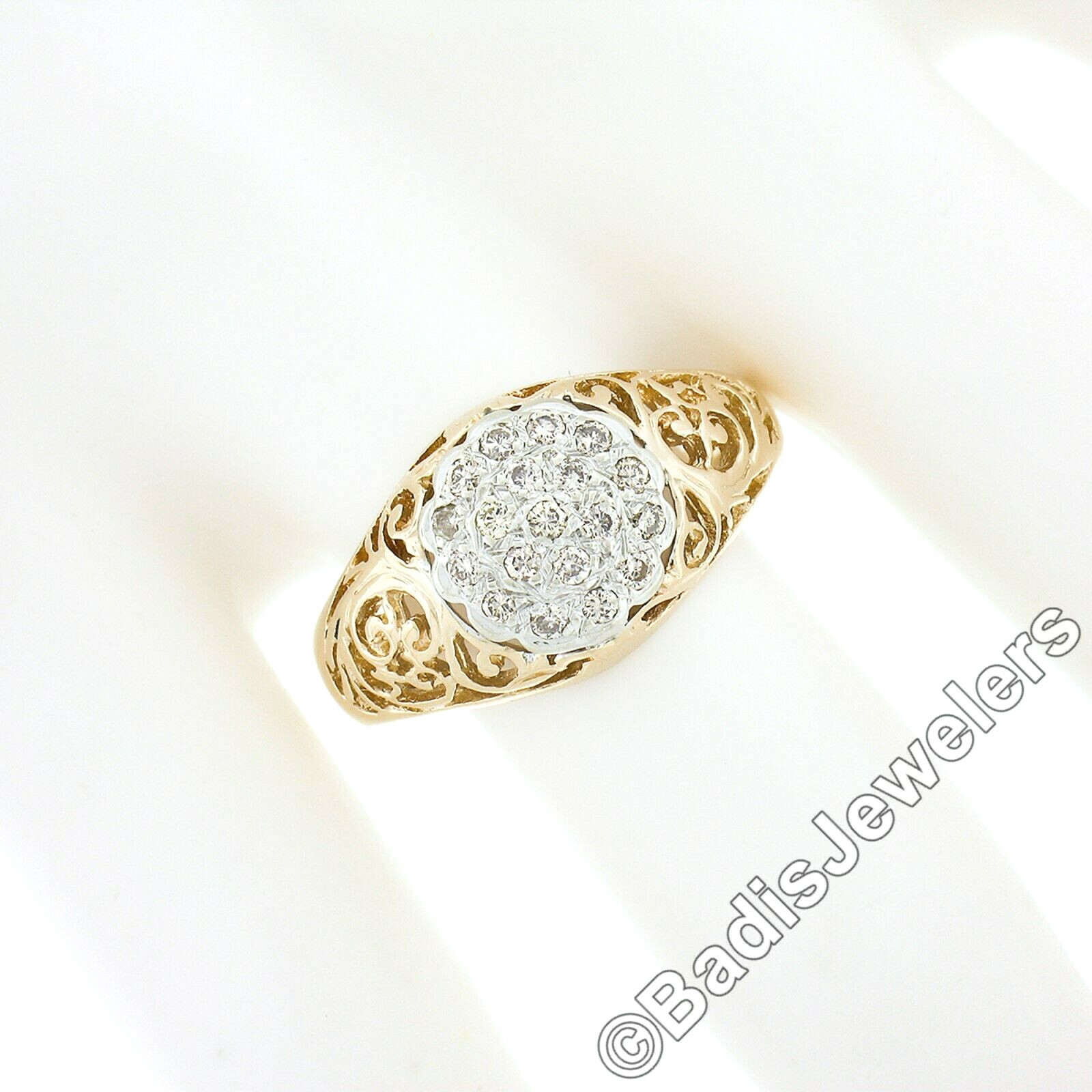 Vintage 14k TT Gold .35ct Round Pave Diamond Cluster Open Scroll Work Domed Ring