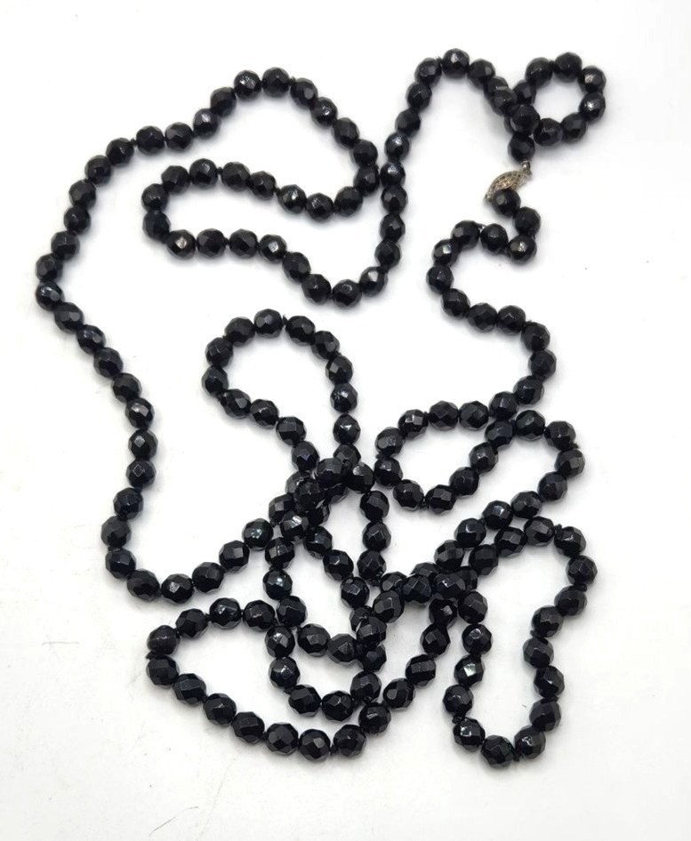 Vintage Multi-Strand Faceted Black Bead Necklace With Silver-Tone Clasp
