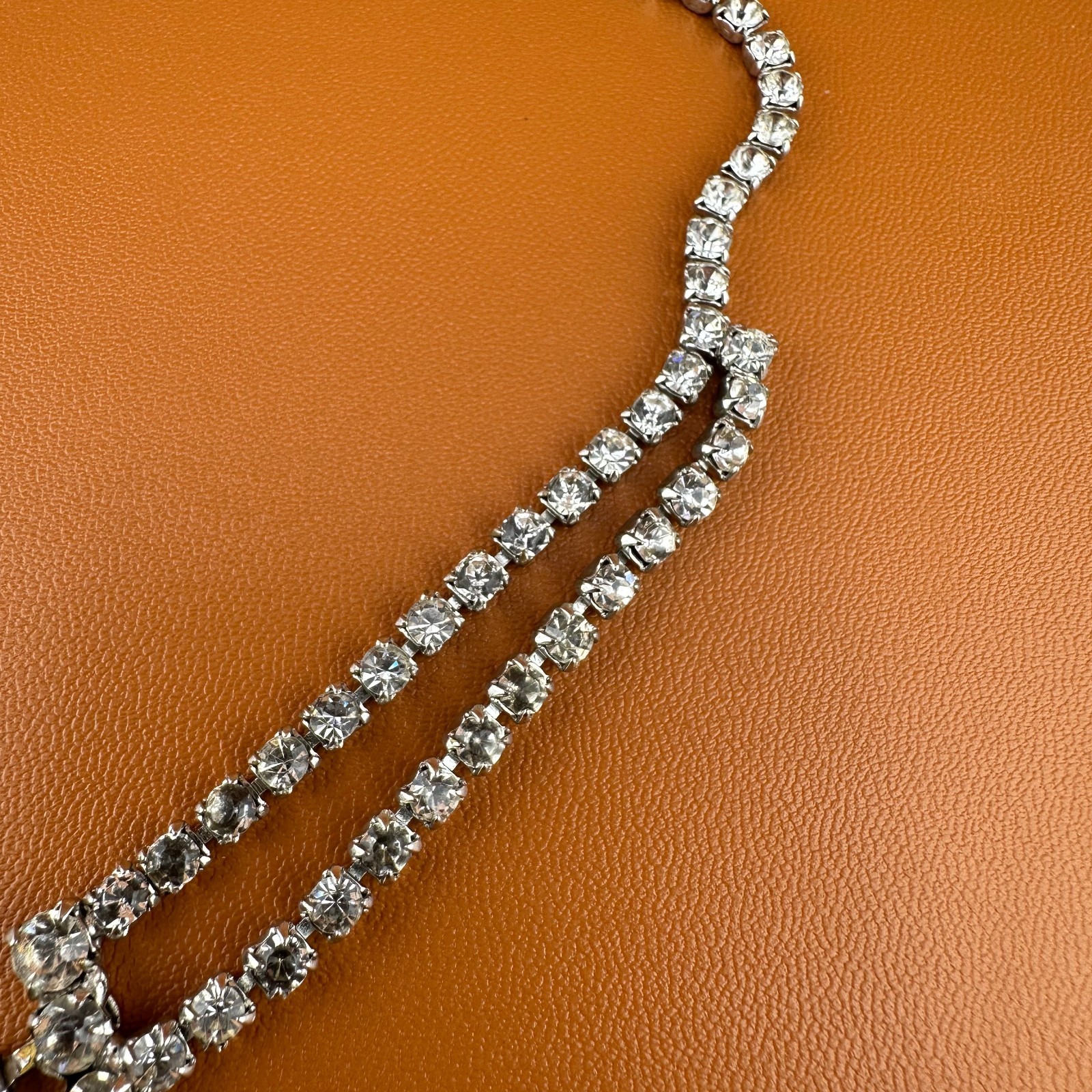 Vintage Rhinestone Festoon Style Necklace Silver Tone Cup Chain Clear Stones