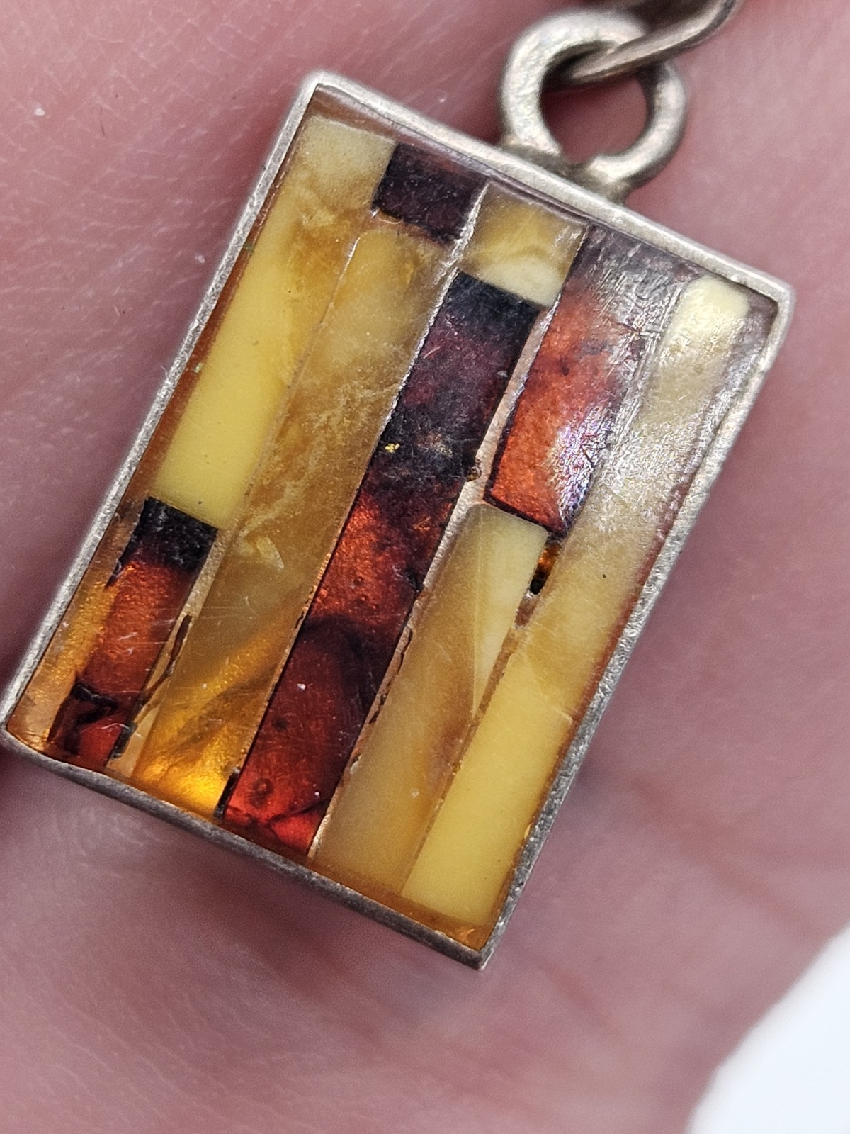 Vintage Sterling Silver Multicolor Amber Inlay Dangle Petite Earrings