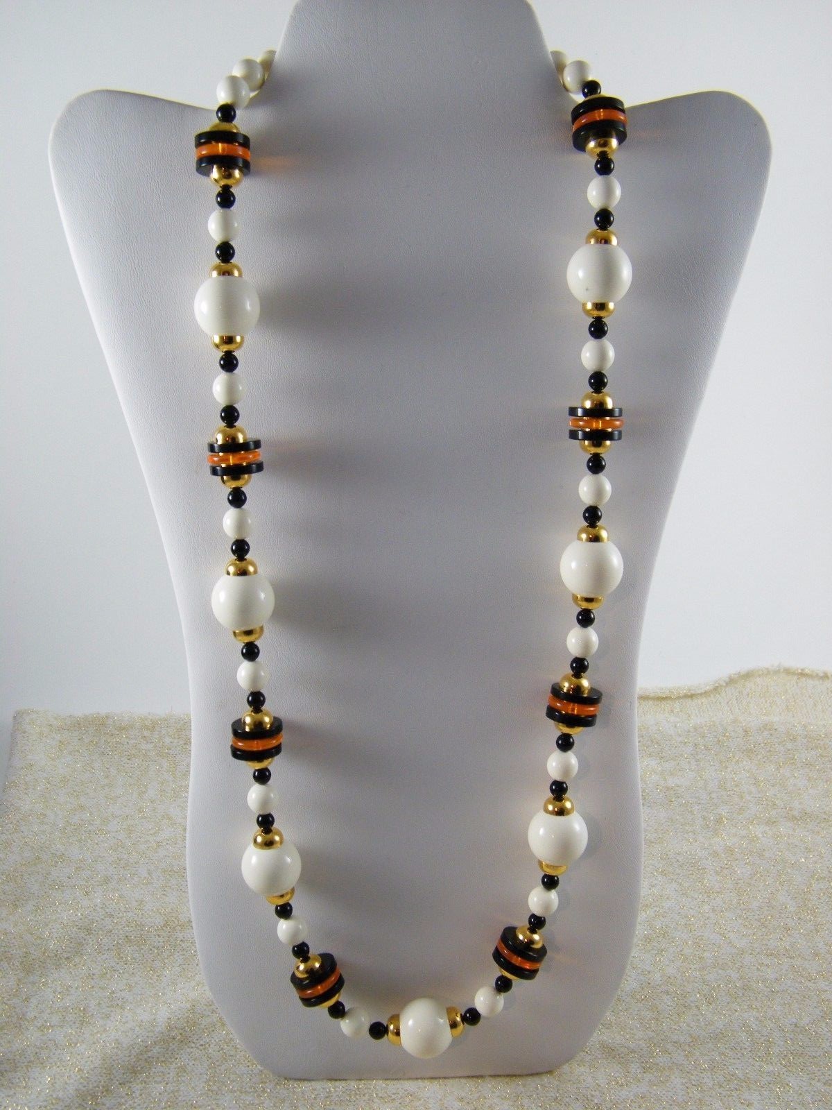 VINTAGE NEW TRIFARI ~ CREAM / BLACK / ORANGE / GOLD TONE BEAD ~ 30″ NECKLACE