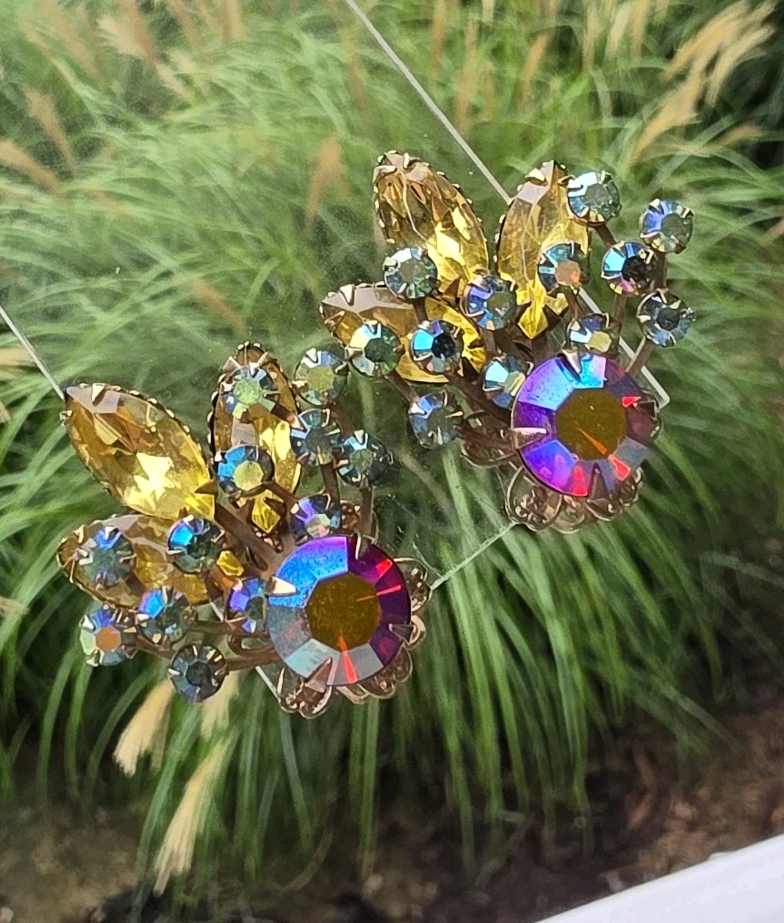 Vintage Multicolor AB Rhinestone Red Yellow Navette Floral Spray Clip Earrings