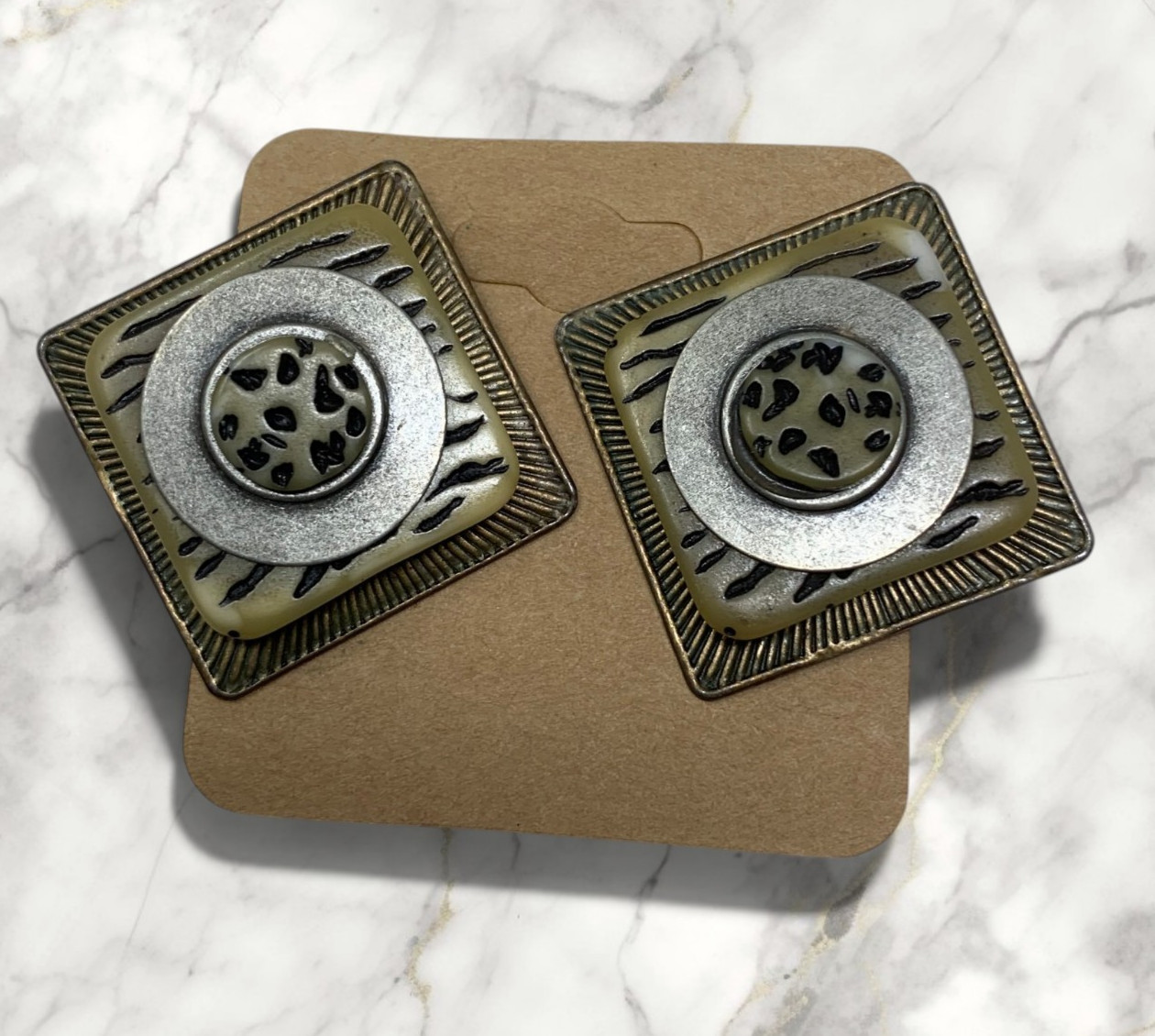 Vintage 1980’s Safari Style Clip On Earrings Geometric Square Resin Statement