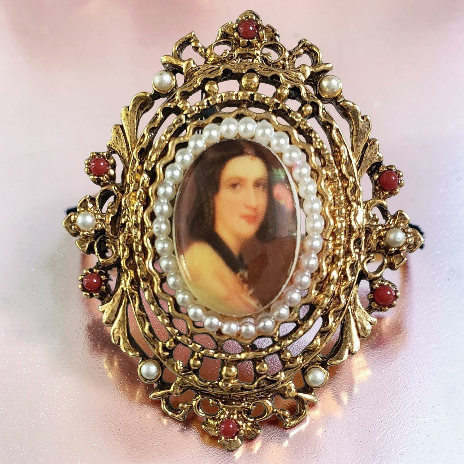 Vintage ART Lady Portrait Brooch Victorian Revival Filigree Pearls