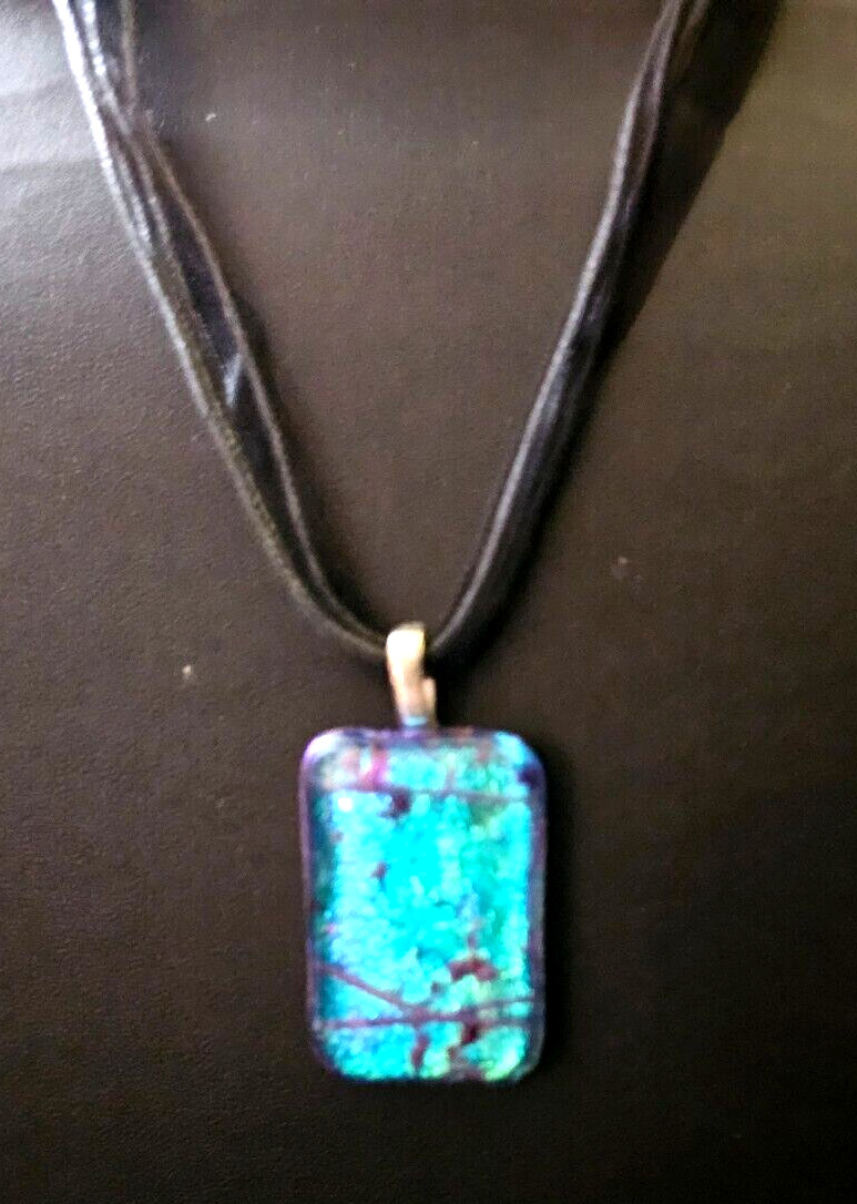 Blue and Purple Glass Dichroic pendant Cord/Ribbon Necklace 18″