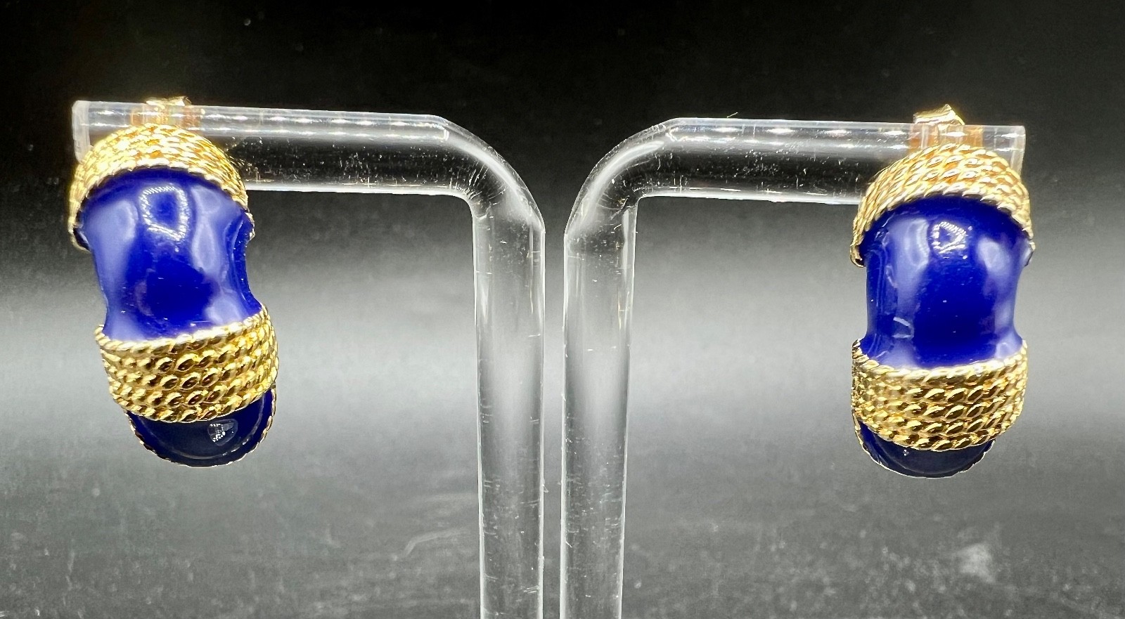 Vtg Gay Boyer Cobalt Blue Enamel J Hoop Earrings Gold Tone Rope Signed Statement