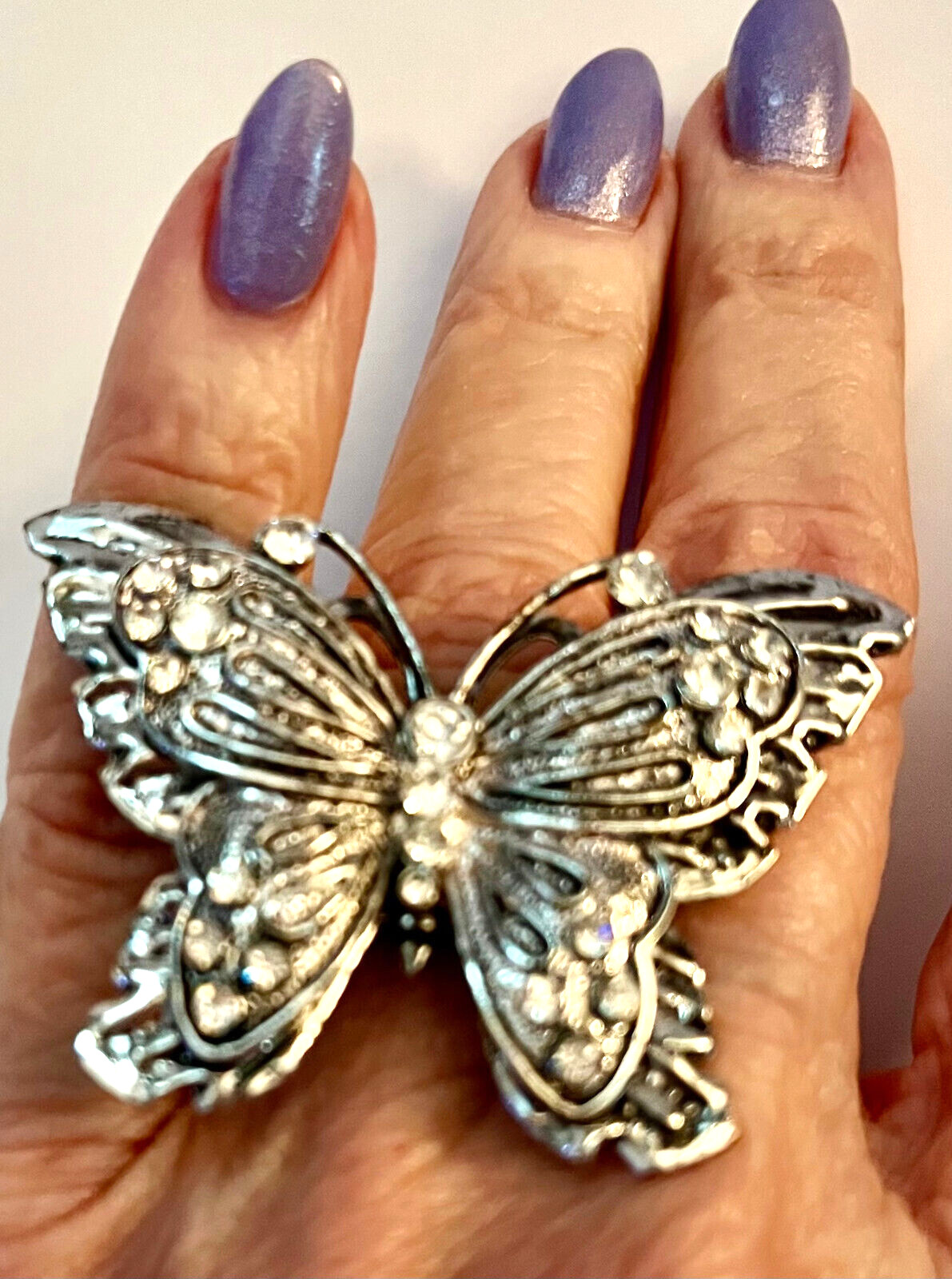 Vintage Silver & Rhinestone Butterfly Ring (Expanding Sz 6 – 7 1/2)