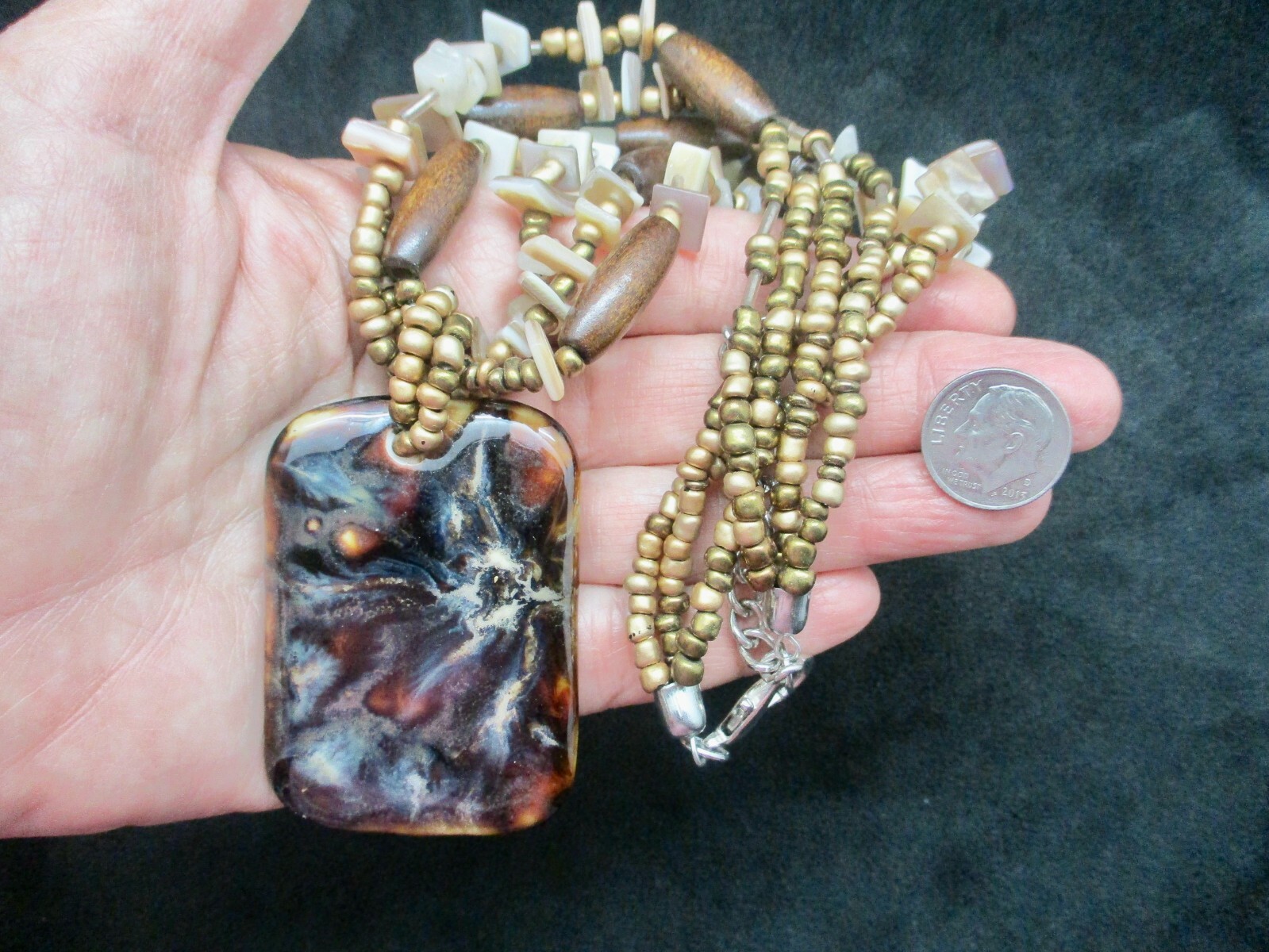 Vintage Bronze Tone Ceramic Statement Necklace w/Shells and Beads Adjustable