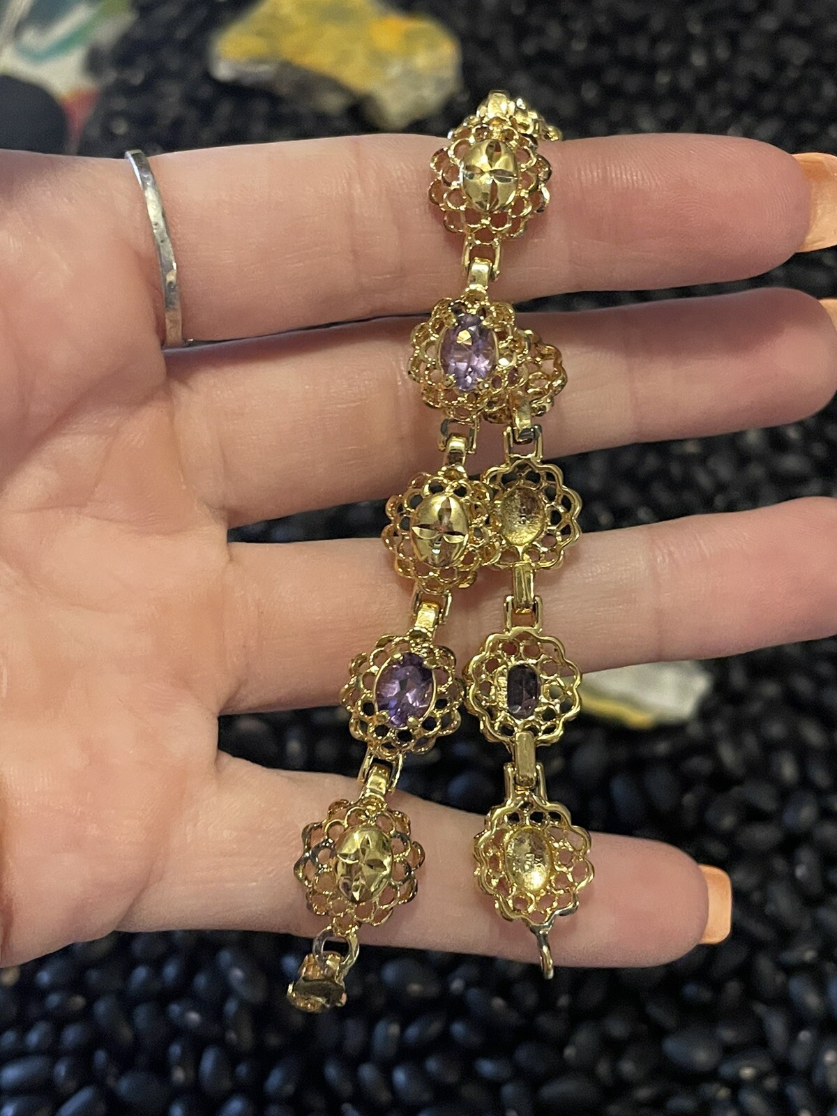 Sterling Silver Gold Vermeil Purple Amethyst Etched Open Work Tennis Bracelet