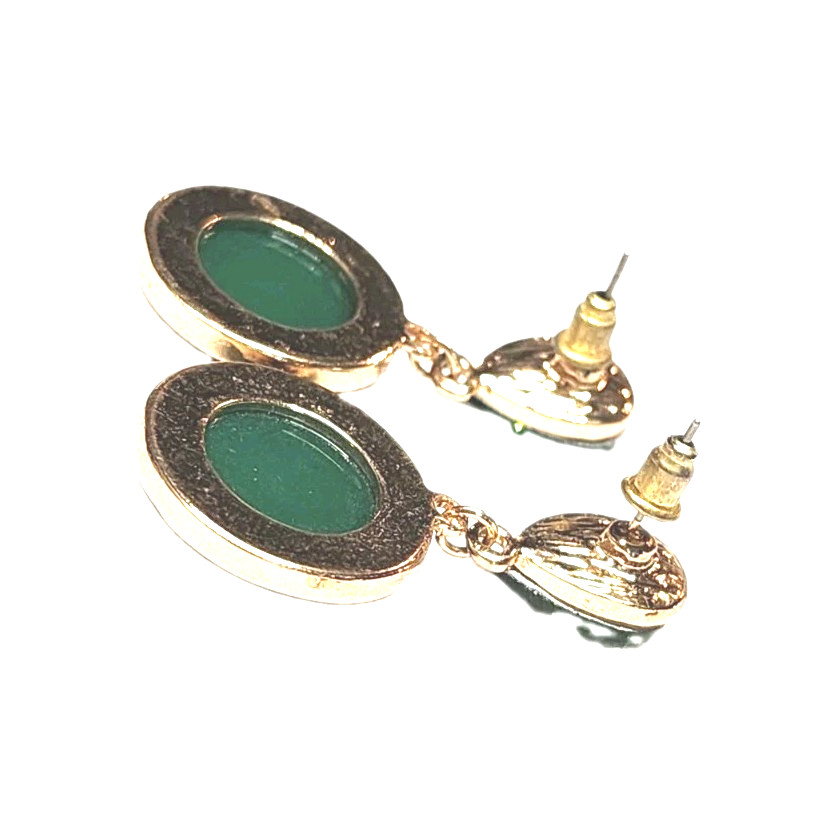 Vintage Green Faux Stone Rhinestone Gold Tone Dangle Earrings Teardrop Round GUC