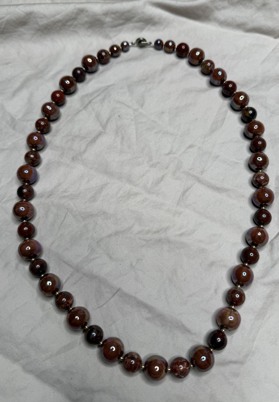 Vintage Graduated Marbled Bead Necklace Brown Red Iridescent 24” USA Pat