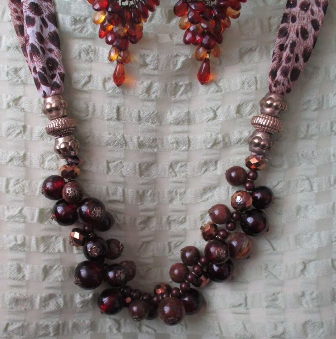 Elegant Golden Brown Aurora Crystal & Acrylic Bead Necklace & Pierced Earrings