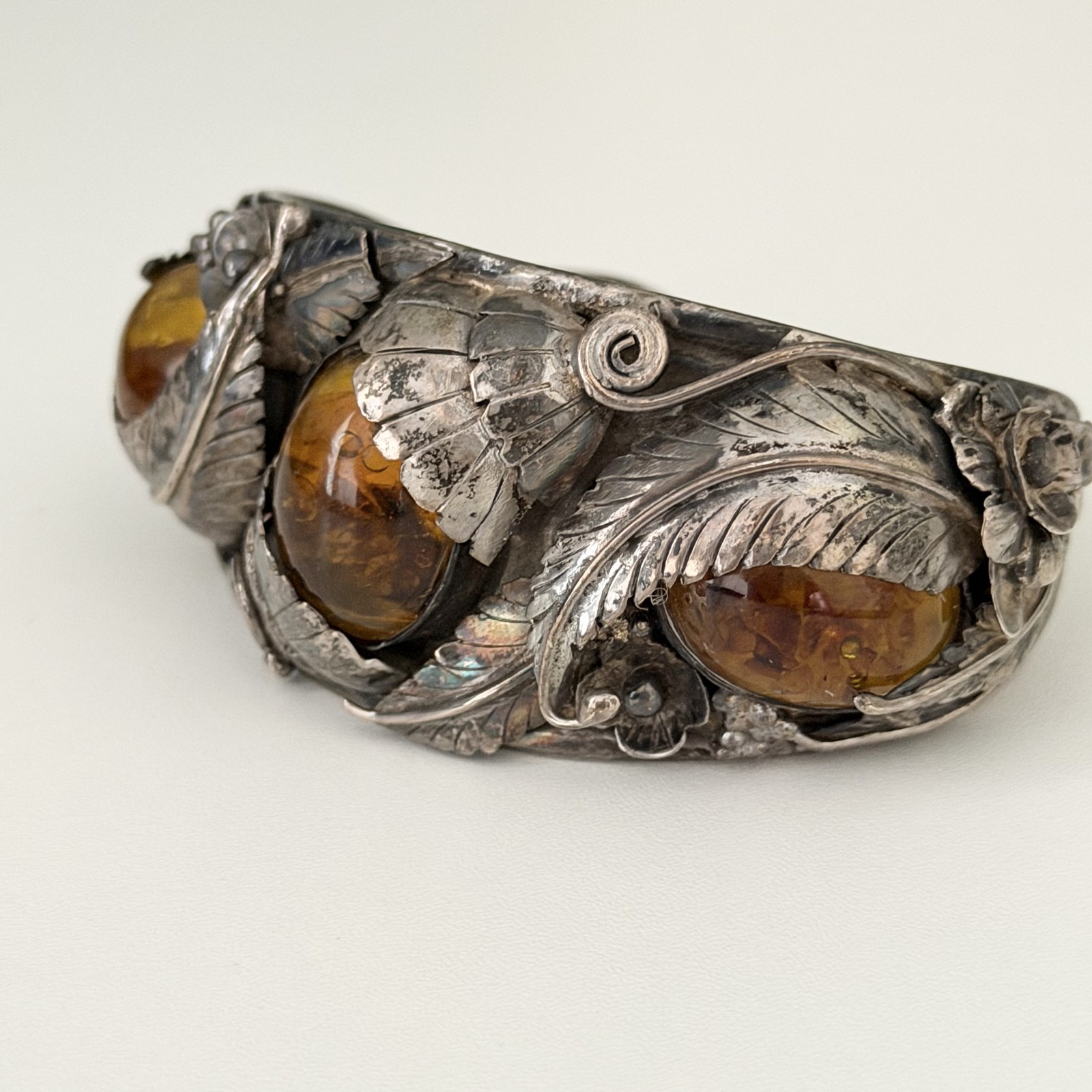 Vintage Sterling Silver Big Chunky Amber Leaf Southwest Cuff Bracelet Heavy