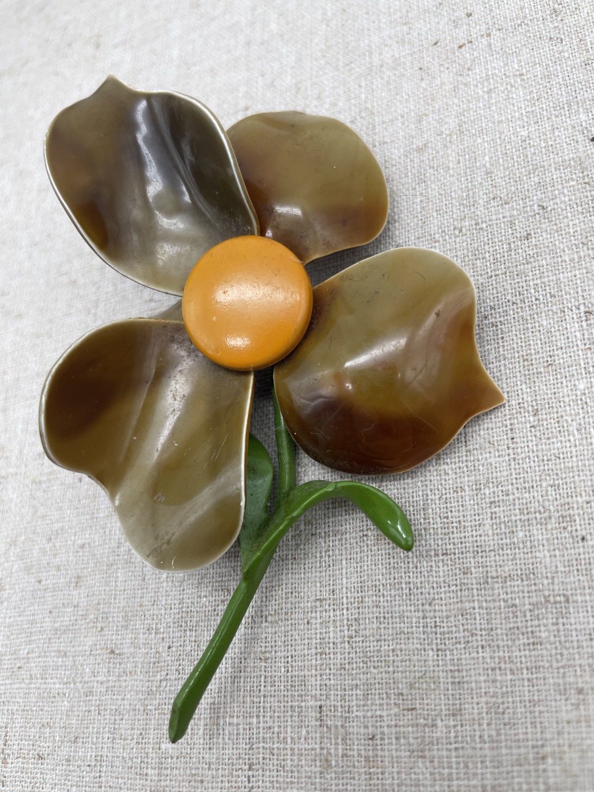 Vintage Enamel Flower Brooch Large Dimensional Fall Colors Caramel Brown