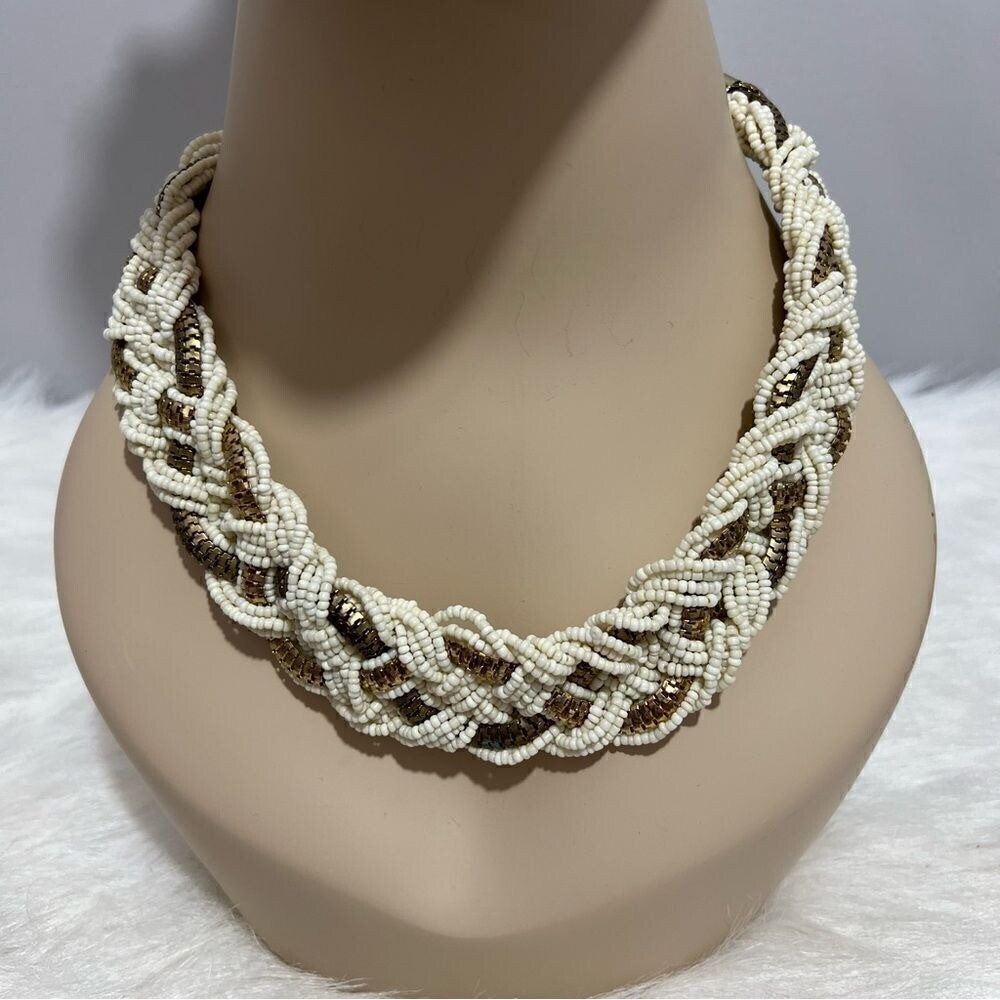 Vintage Ivory and gold beaded rope statement necklace/choker