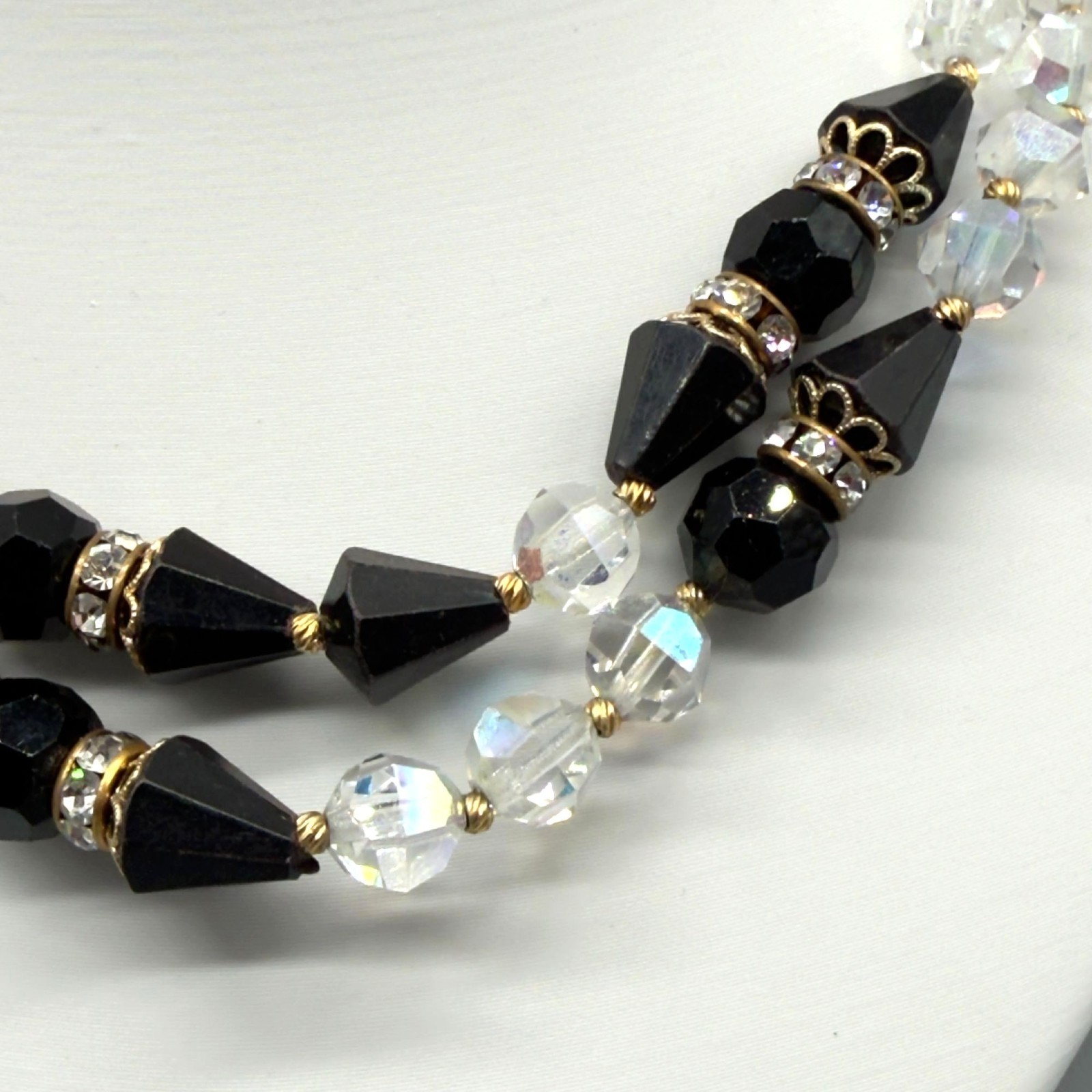 Vintage Black Clear Crystal Beaded Necklace Rhinestone Clasp 15″