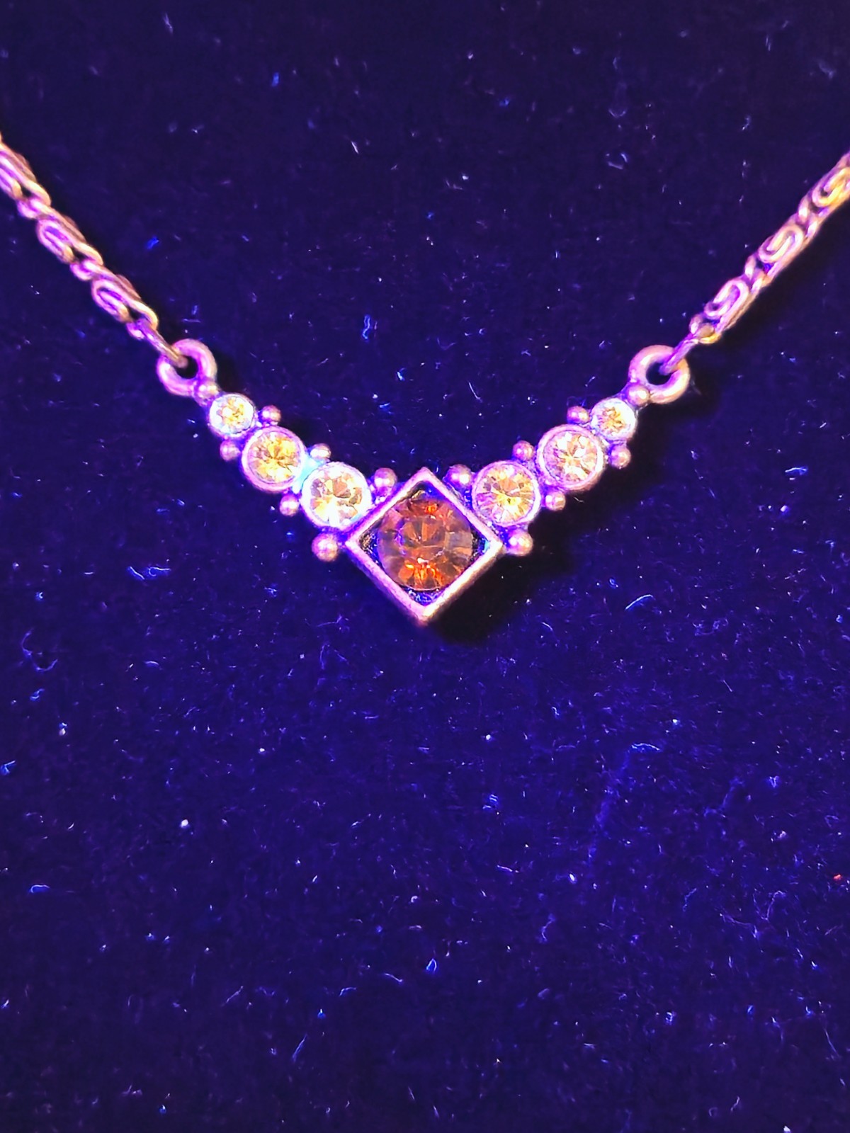 Signed 1928 Gold Tone Amber Rhinestone Necklace Art Deco Vintage Style Crystal