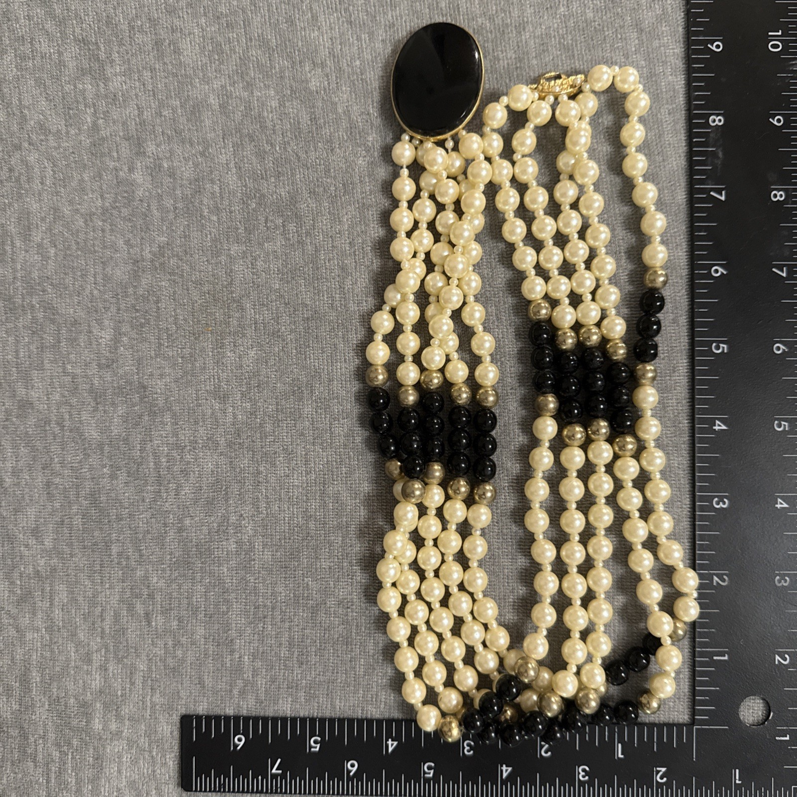 VTY Gay Boyer Faux Pearl Onyx Multi Strand Beaded Bib Statement Necklace Classic