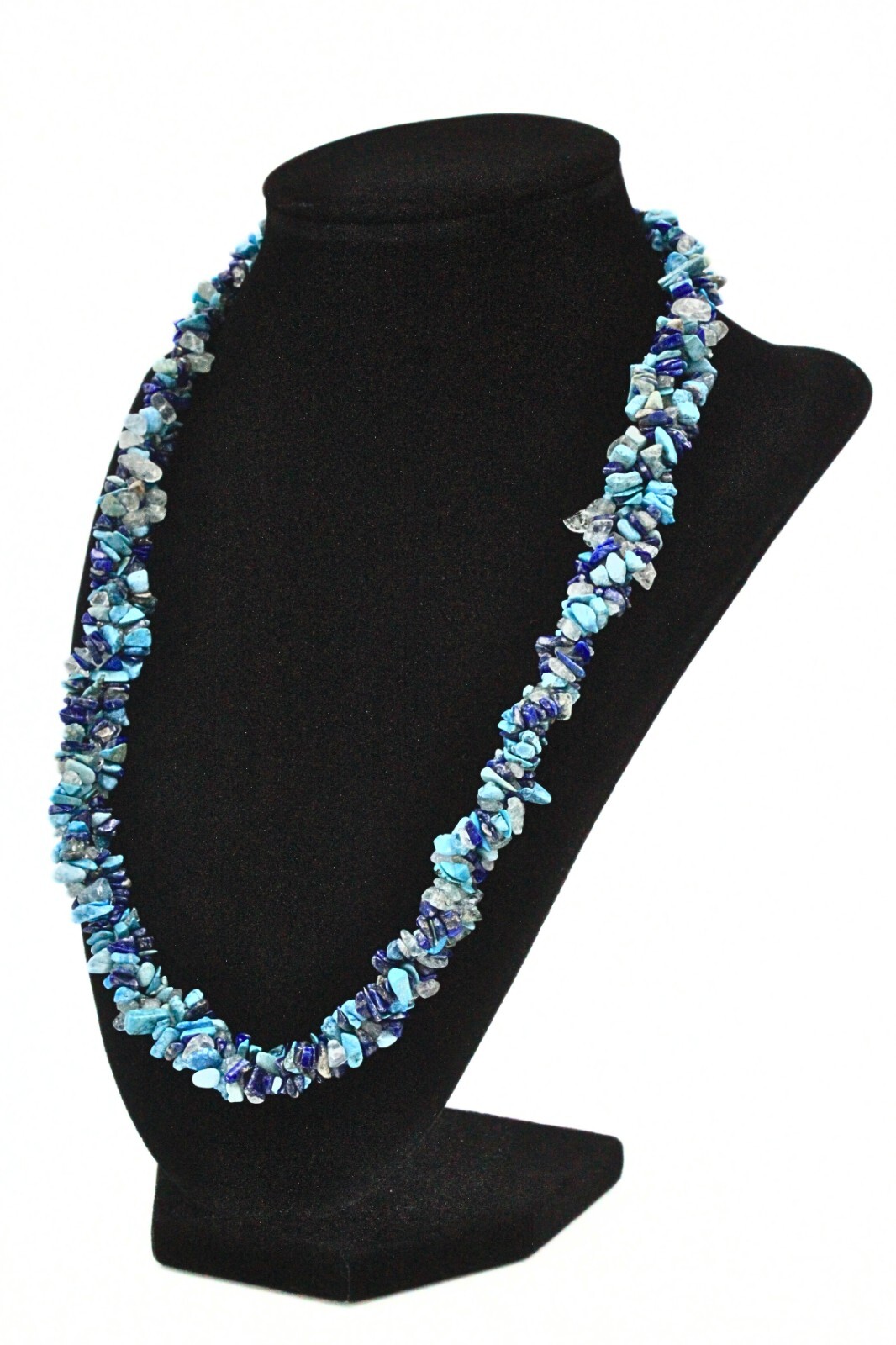 Stunning HSN Lapis Quartz Turquoise Nugget Beads Braided Rhodium Plate Necklace