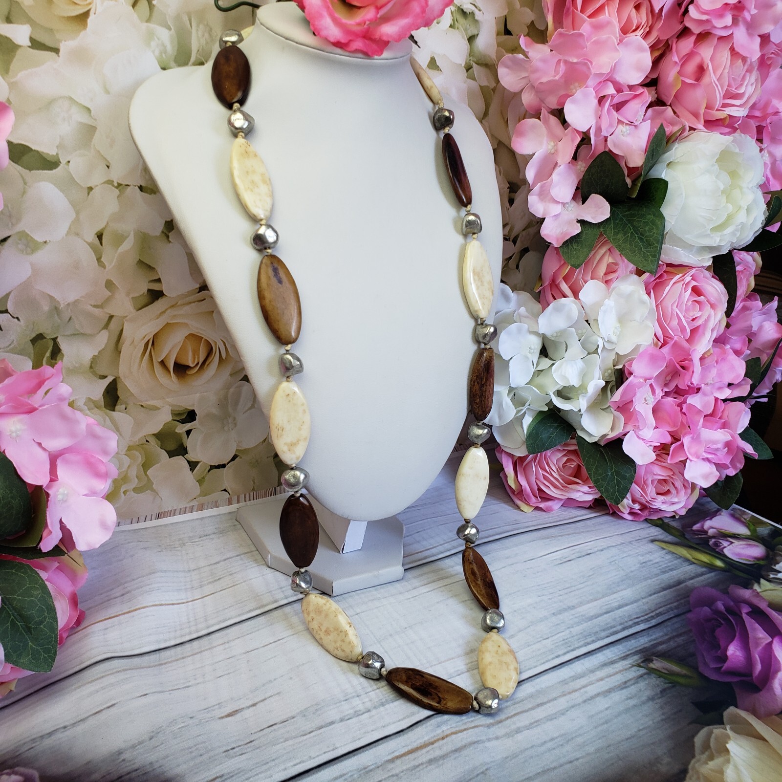 Artisan White & Brown Beaded Long Silver Tone Necklace
