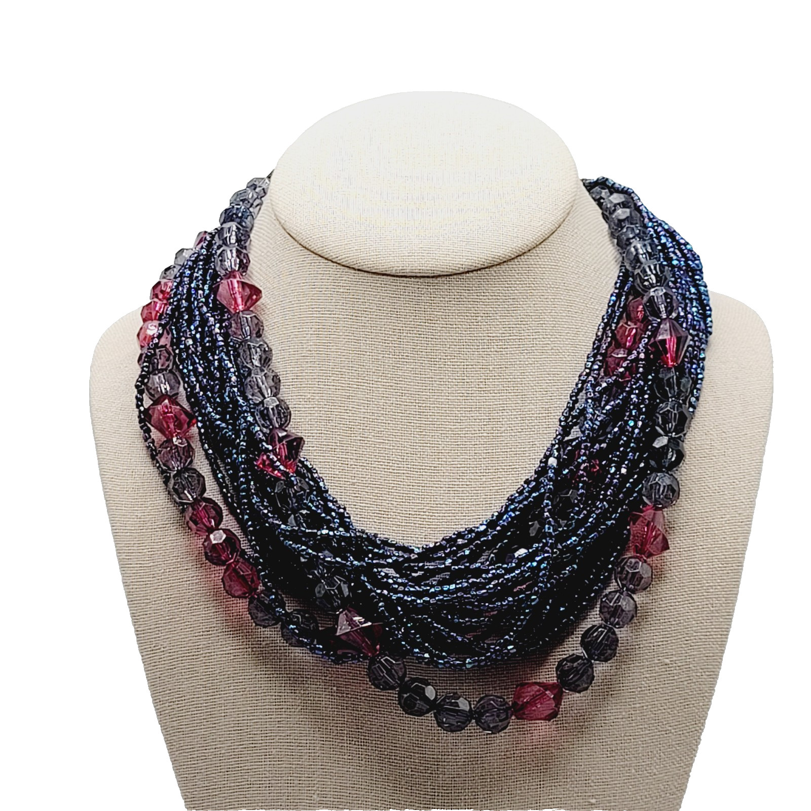 Purple and Deep Blue Iridescent Twist Multi Strand Glass Beaded Vintage Necklace