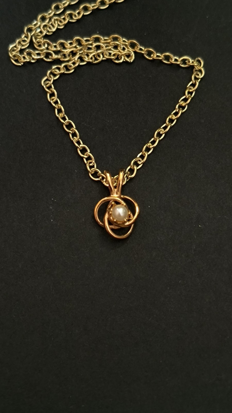 VTG Pearl & Goldtone Love Knot Charm, 16″ Chain, Sweet Gift – June Birthstone