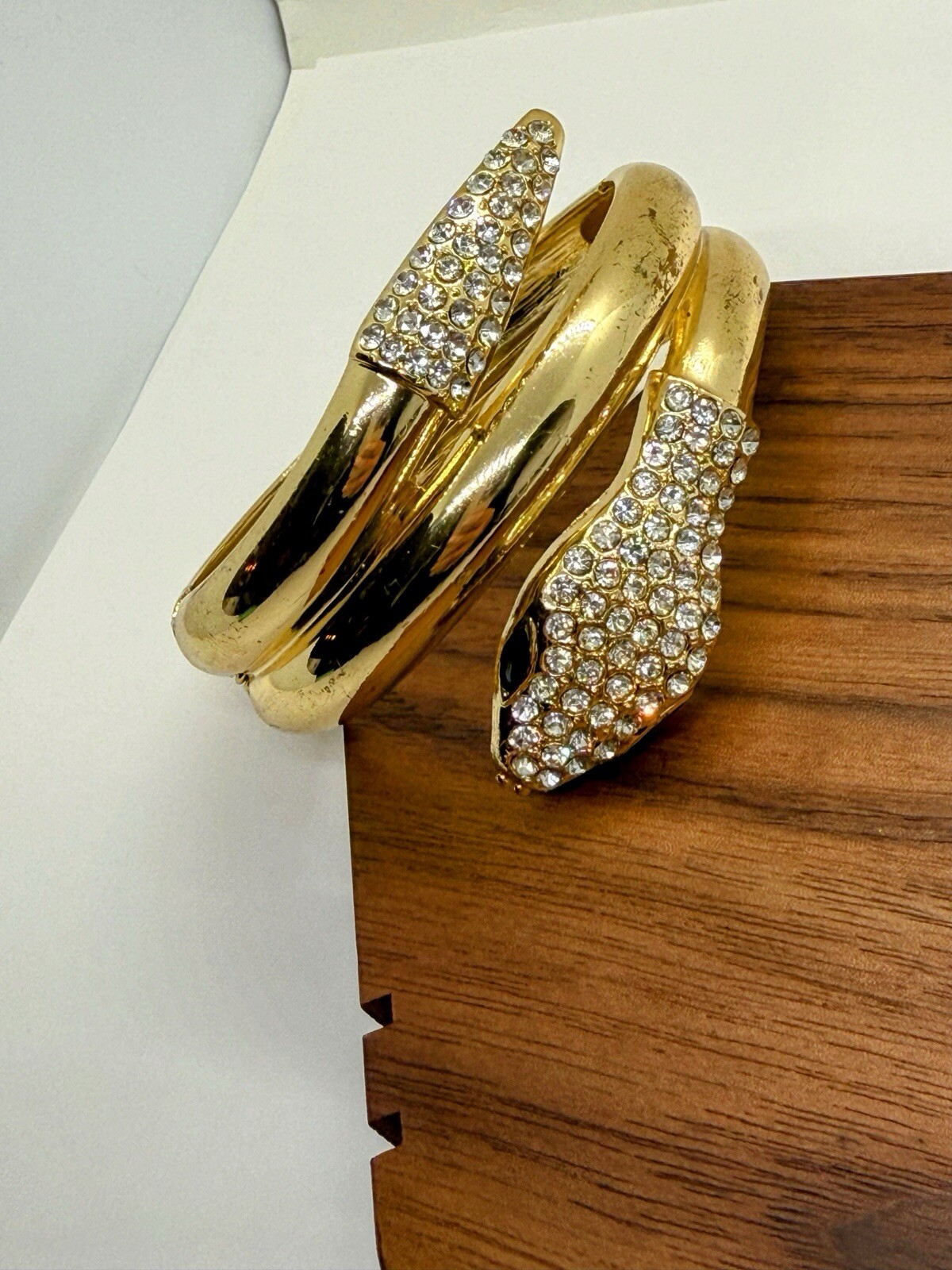 Gold Tone Rhinestone Snake Wraparound Hinge Bracelet – 2 3/8 Inch Inner D