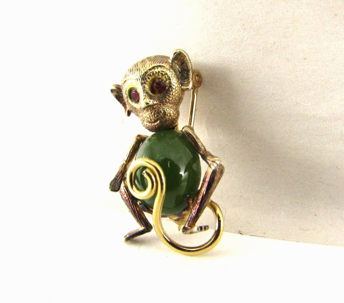 Vintage Estate AC Sterling Silver & Nephrite Jade Brooch Pin Monkey 1”