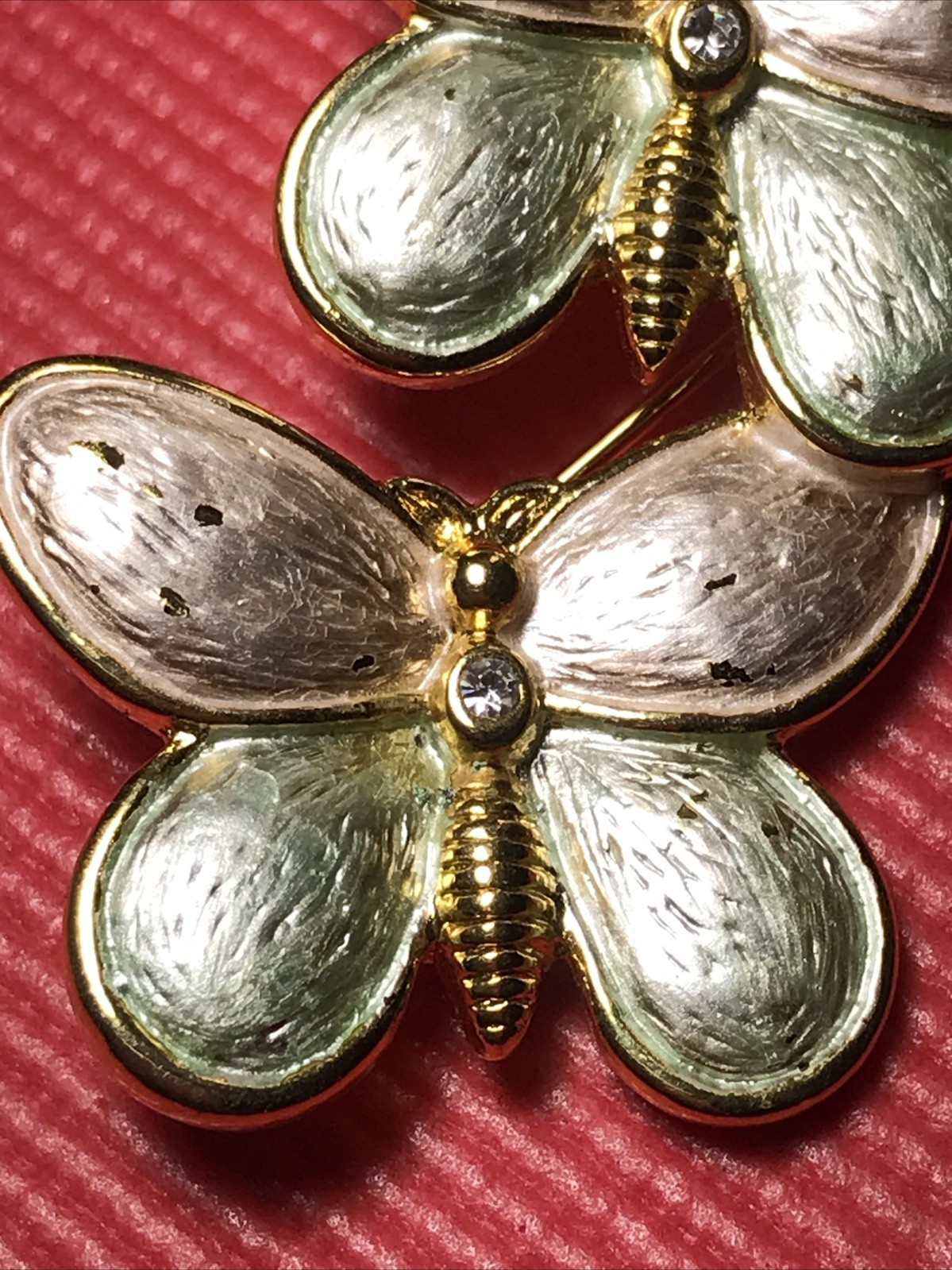 Vintage Pink and Green Brushed Double Butterfly Brooch Pin Gold Tone