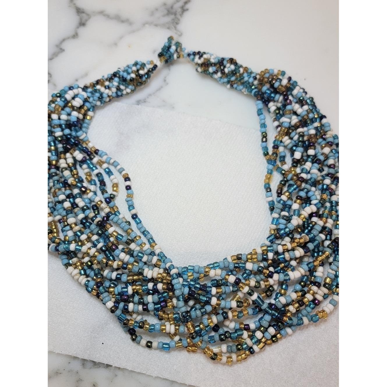 Vintage Blue White Gold Multi Strand Seed Bead Necklace Boho Statement Unsigned