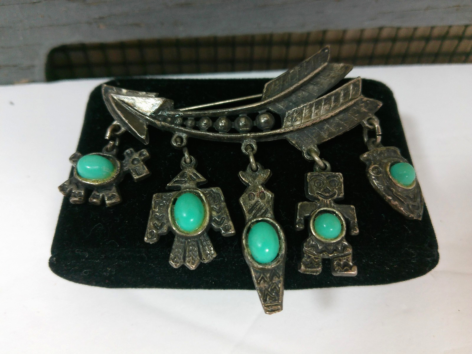 Vtg Native Symbol Faux Turquoise Stone ARROW Eagle Bird Horse Charm Pin Brooch