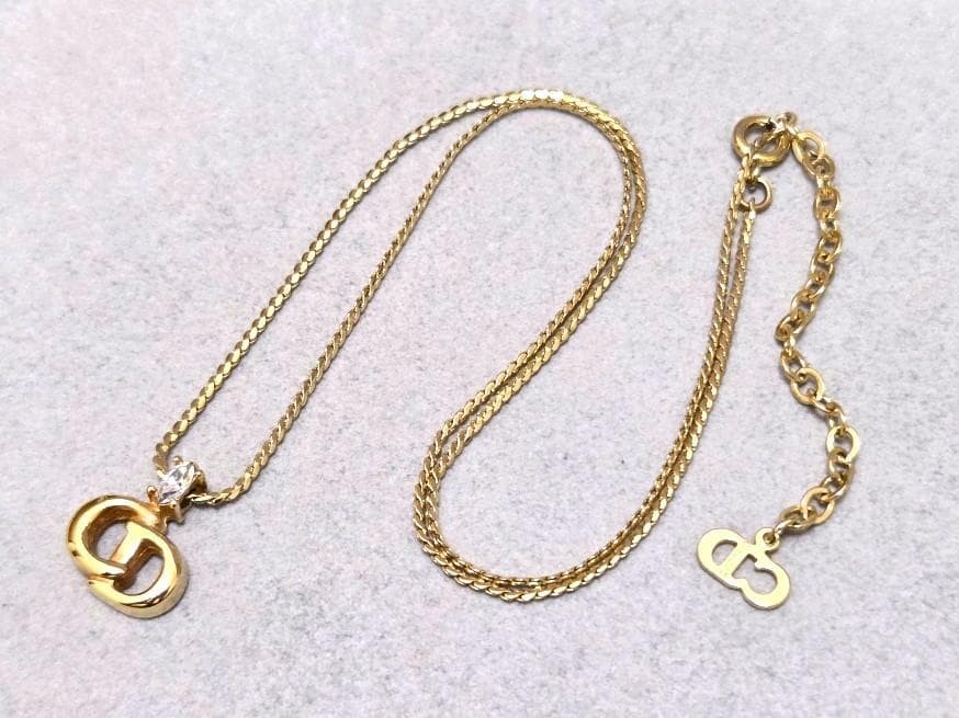 Christian Dior CD Logo Rhinestone Gold Necklace 45cm Vintage