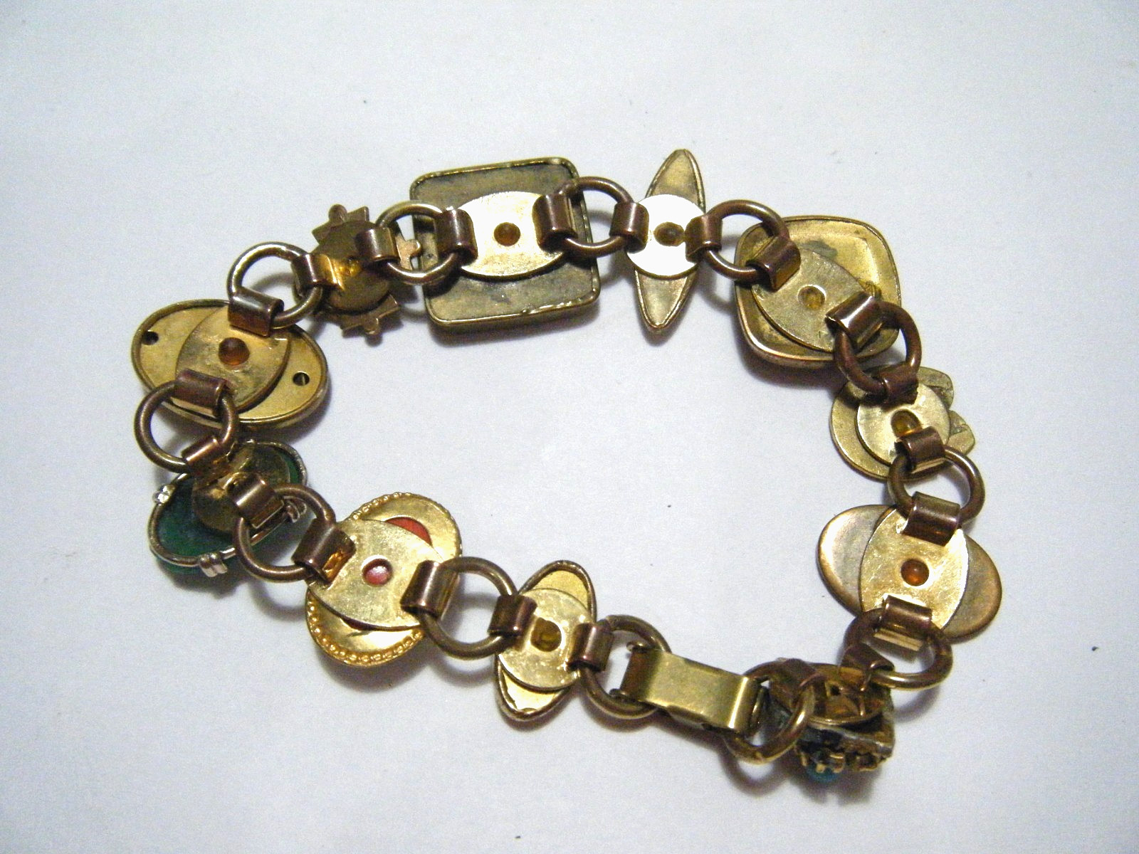 7 3/4″ Long Real Antique Buttons Bracelet Gold Fill Bloodstone Jade Seed Pearls