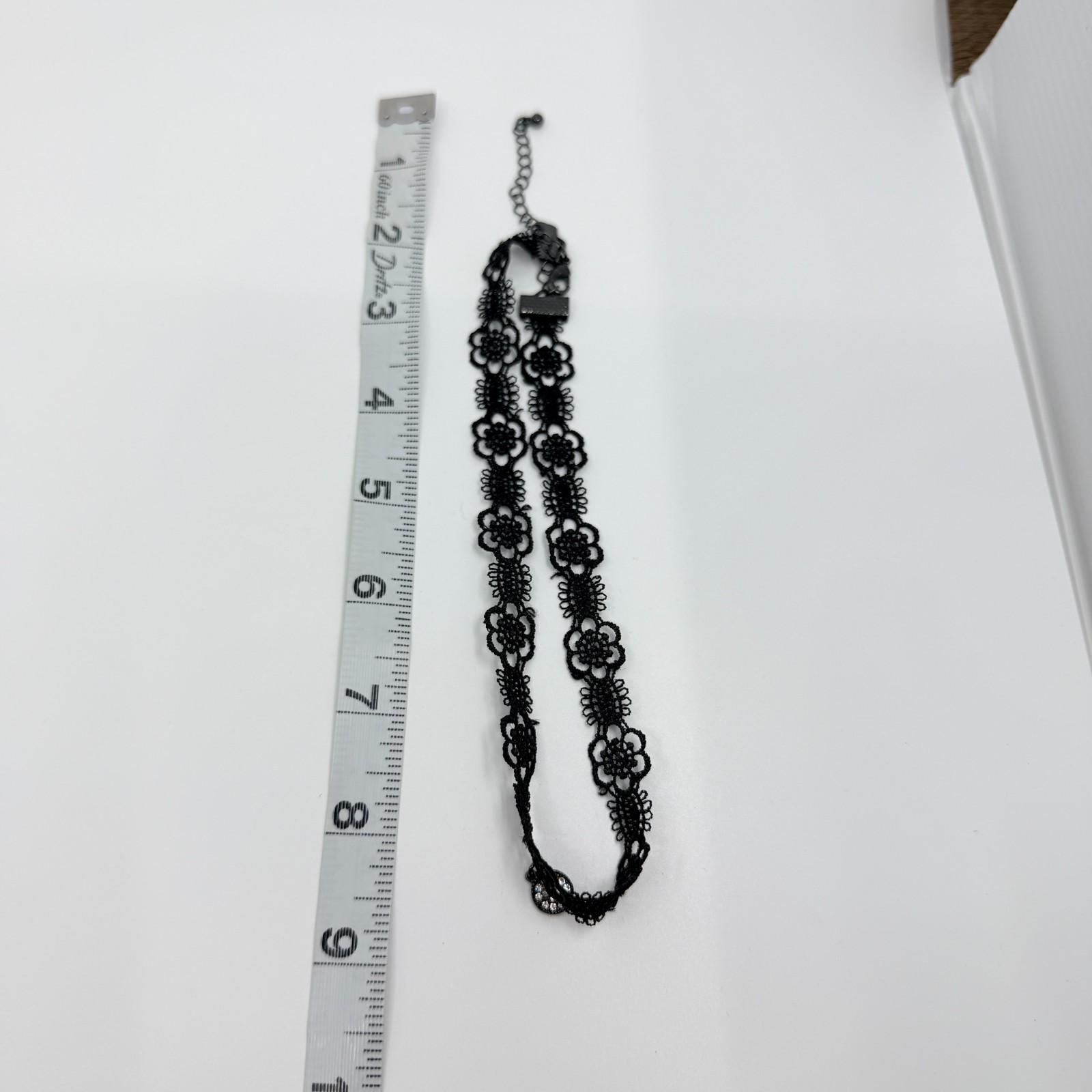 Vintage Black Lace Choker Necklace Rhinestone Pendant Gothic Tatting Boho 90s