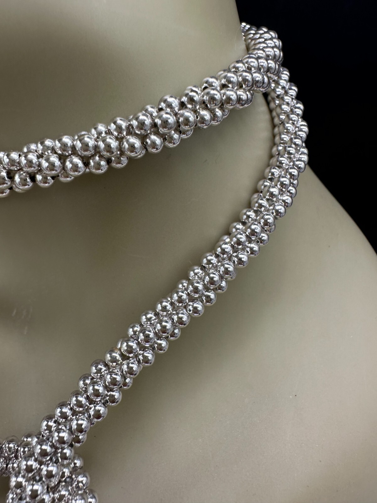 ESTATE SILVER TONE POPCORN CHAIN CAMELLIA FLOWER BEAD TASSEL OPEN NECKLACE 50″