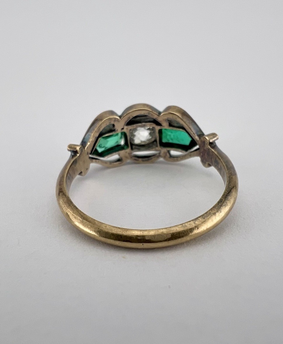 Antique Victorian 14K Rose Gold Old Mine Cut Diamond & Vivid Green Emerald Ring