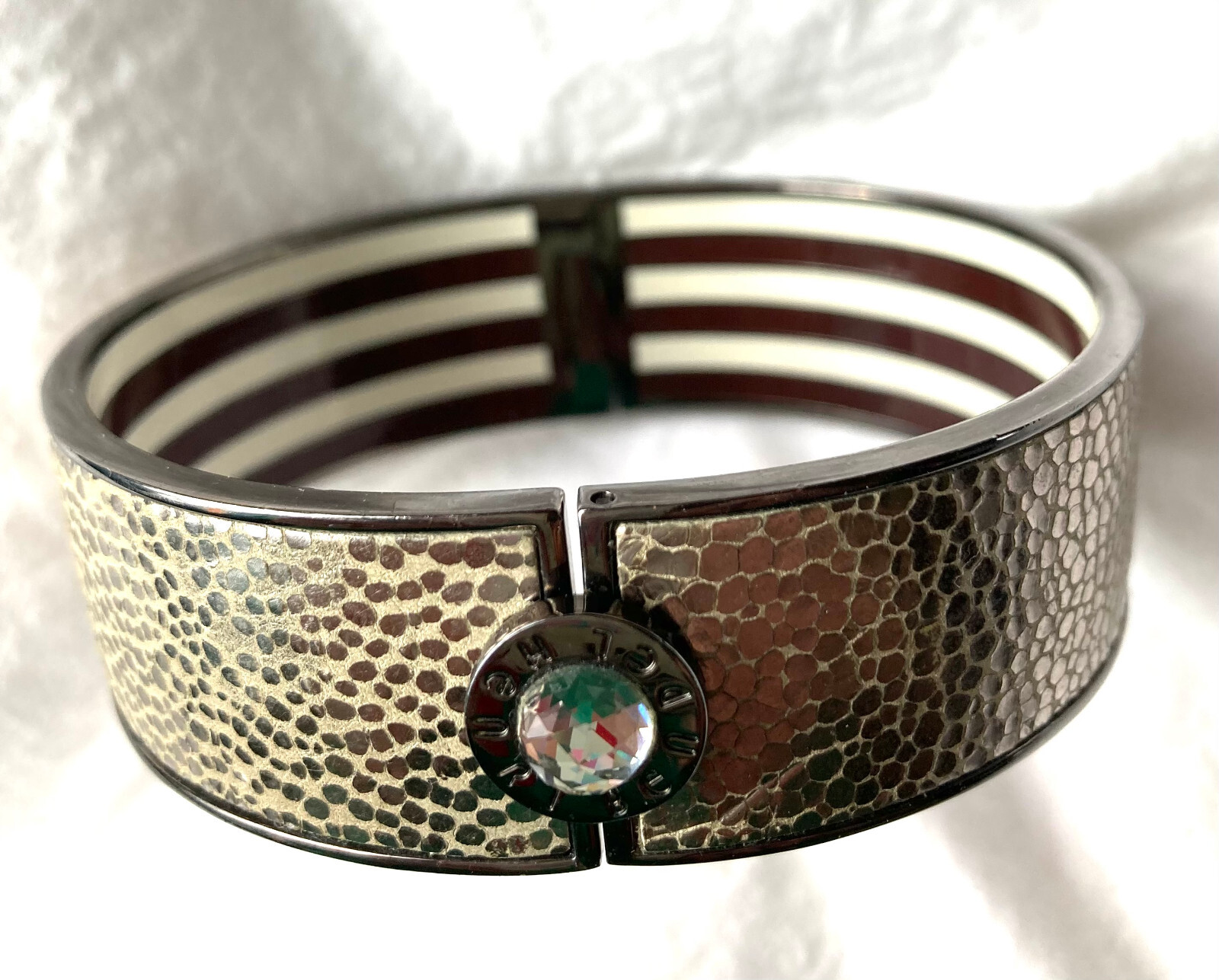 Iconic Henri Bendel Brown Wide Signature Design Cuff Bracelet Gold White Brown