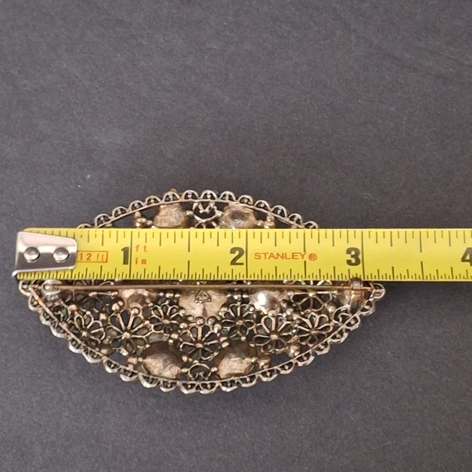New England Glass Works Brooch Silver Tone Floral Filigree Czech Rhinestones VTG